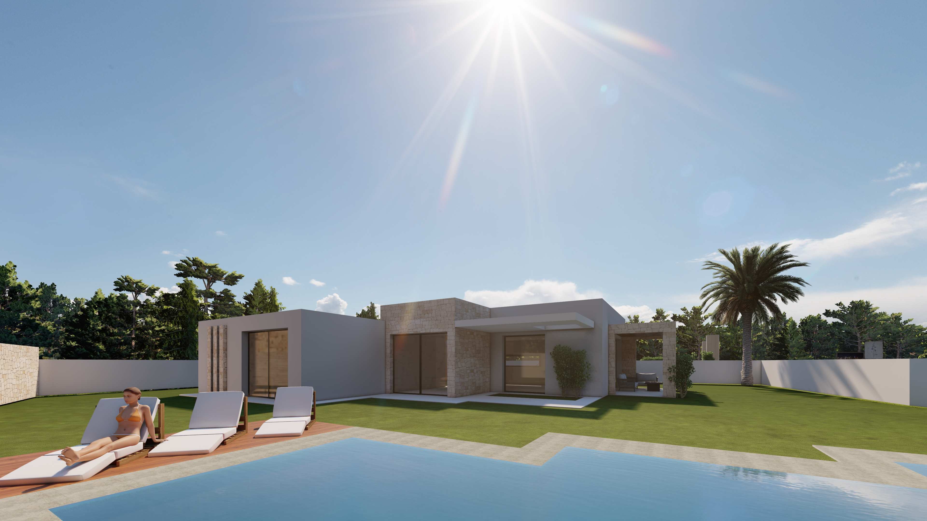 Moderne einstöckige Villa mit Pool, Sonnendeck aus Holz und Natursteinfassade. Großzügiger Garten mit Rasenfläche und bodentiefen Glasfronten.