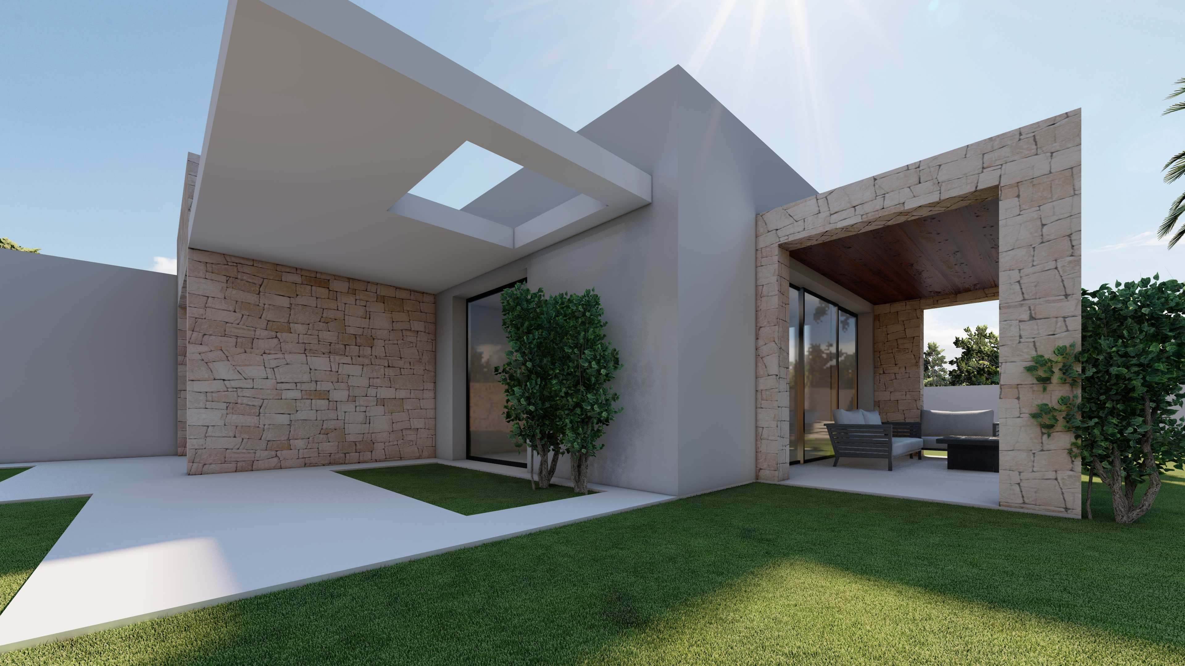 Moderne Fassade mit Natursteinwänden, glatten Oberflächen und einer überdachten Terrasse mit Holzdecke sowie einem in den Garten integrierten Loungebereich.