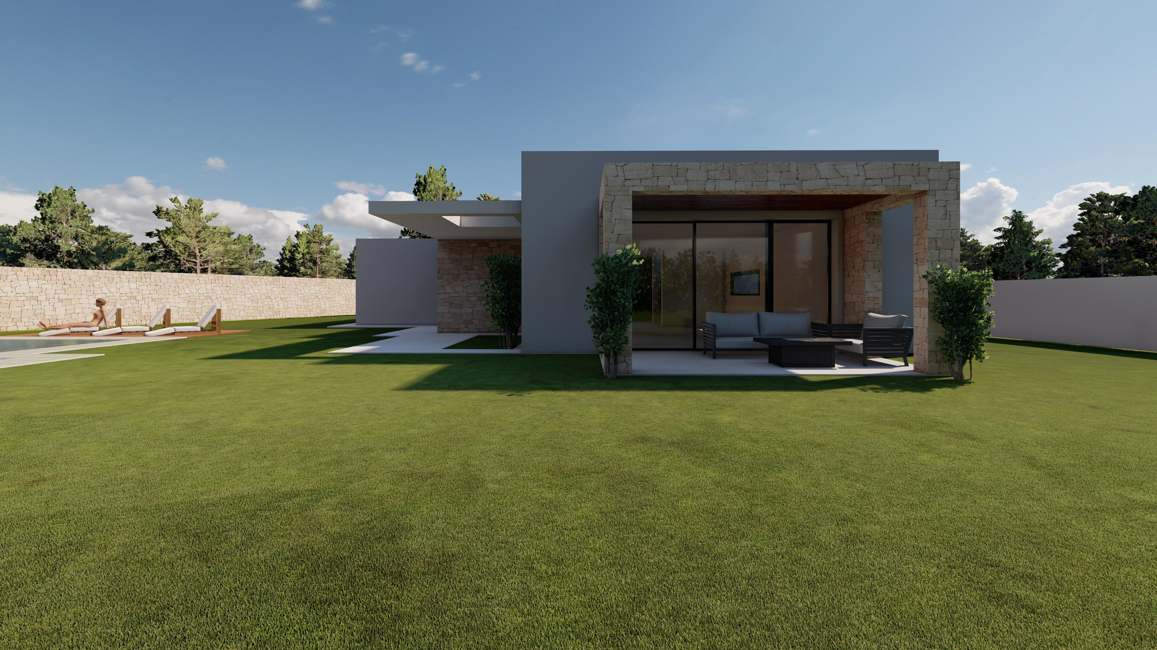 Moderne Villa mit weitläufigem Rasen, einer mit Naturstein verkleideten Terrasse samt Lounge-Möbeln und Poolbereich mit Sonnenliegen im Hintergrund.