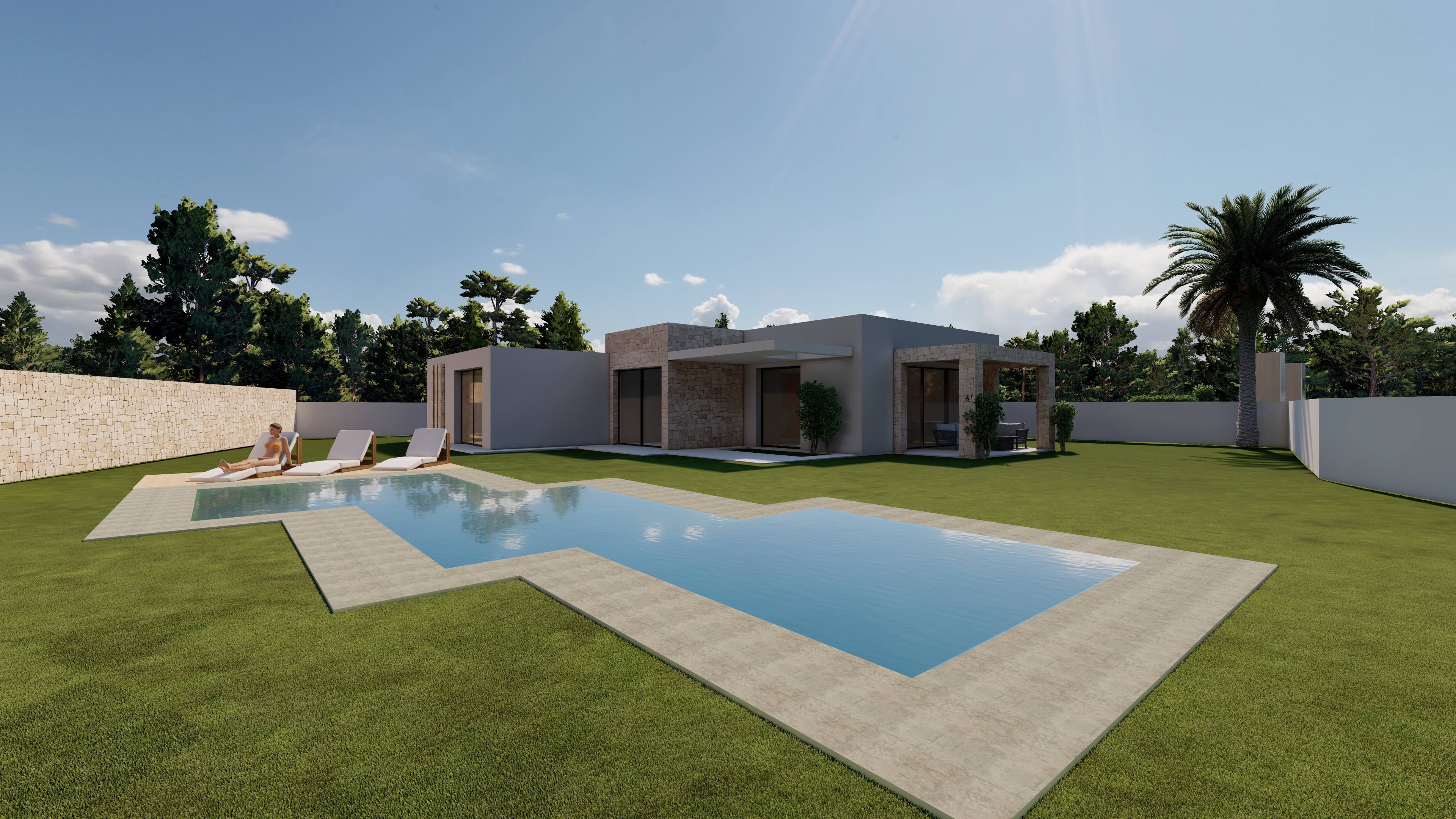 Zeitgenössische Villa mit winkelförmigem Pool, großem Rasengarten und einer mit Naturstein verkleideten Veranda neben großen Glasfronten.