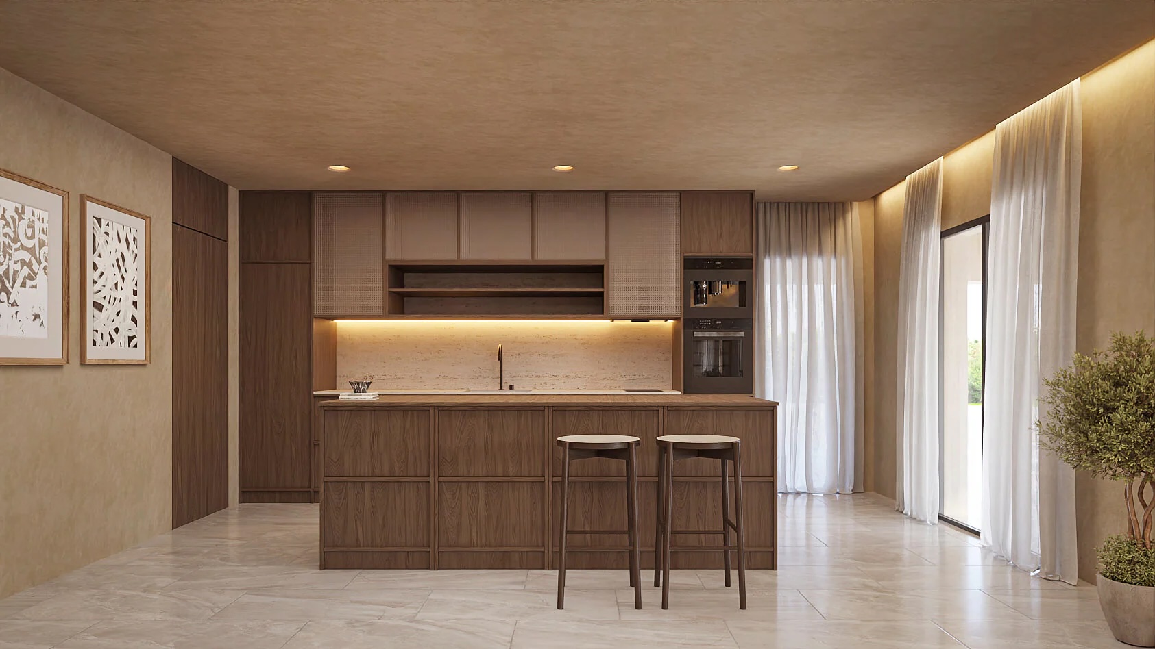 Designerküche mit dunkler Holzkücheninsel, integrierten Geräten und Steinrückwand. Indirekte LED-Beleuchtung und strukturierte Wände schaffen ein elegantes Ambiente.