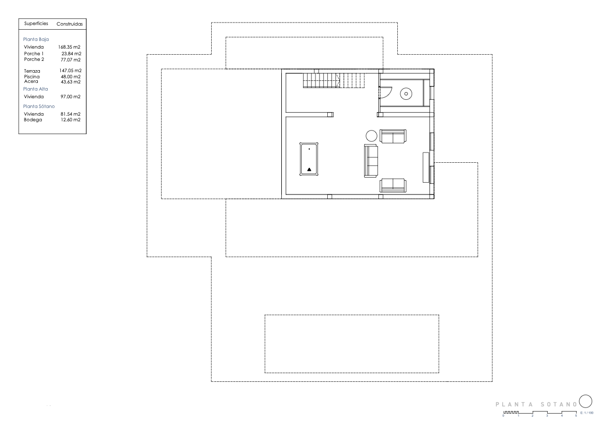 Detaillierter Grundriss des 81,54 m² großen Untergeschosses mit Freizeitbereich, Billardtisch, Lounge und einem separaten Weinkeller von 12,60 m².