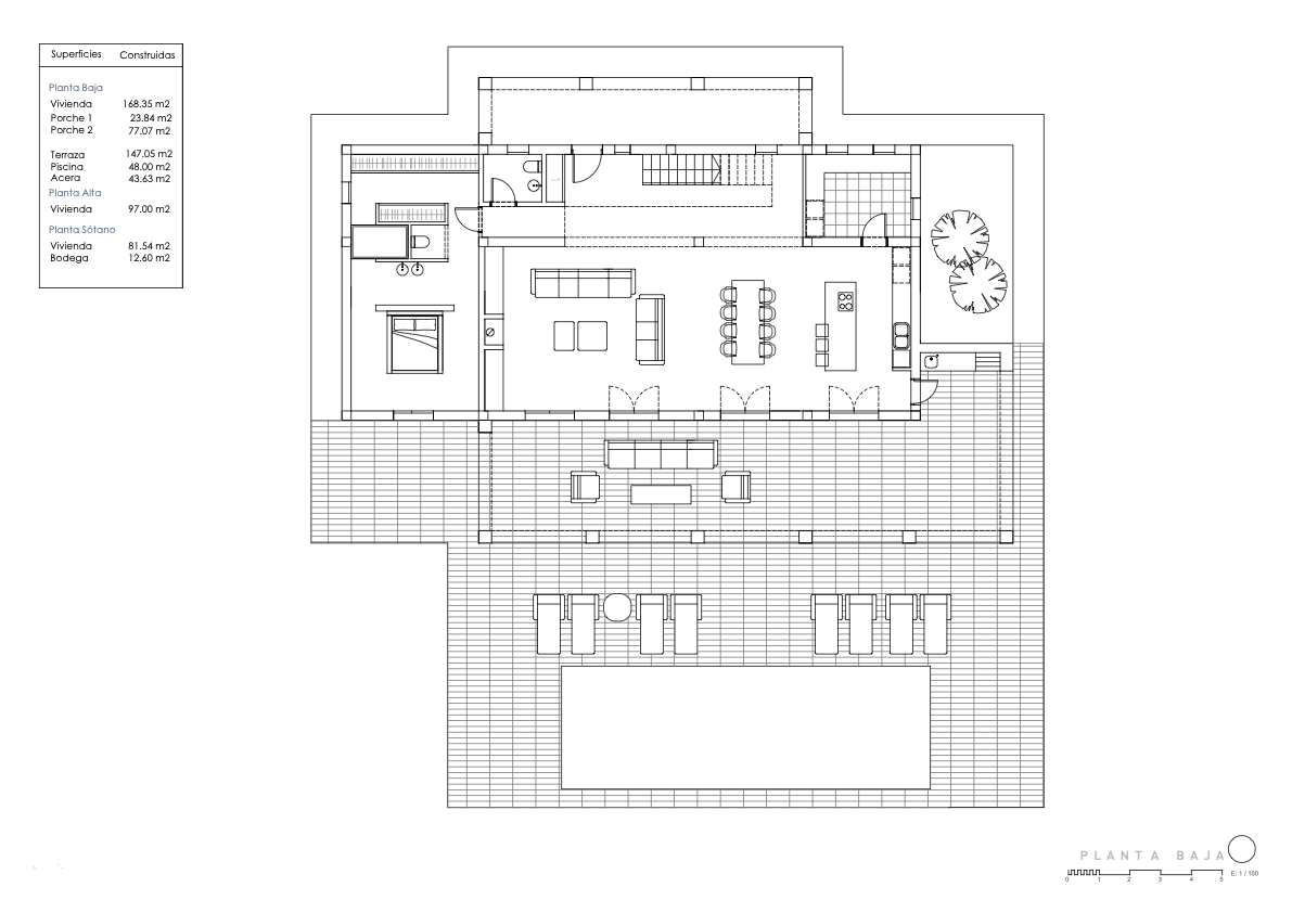 Detaillierter Grundriss des Erdgeschosses mit offenem Wohn-Essbereich, Küche mit Kochinsel, Hauptschlafzimmer und großzügiger Terrasse mit 48 m2 Pool.