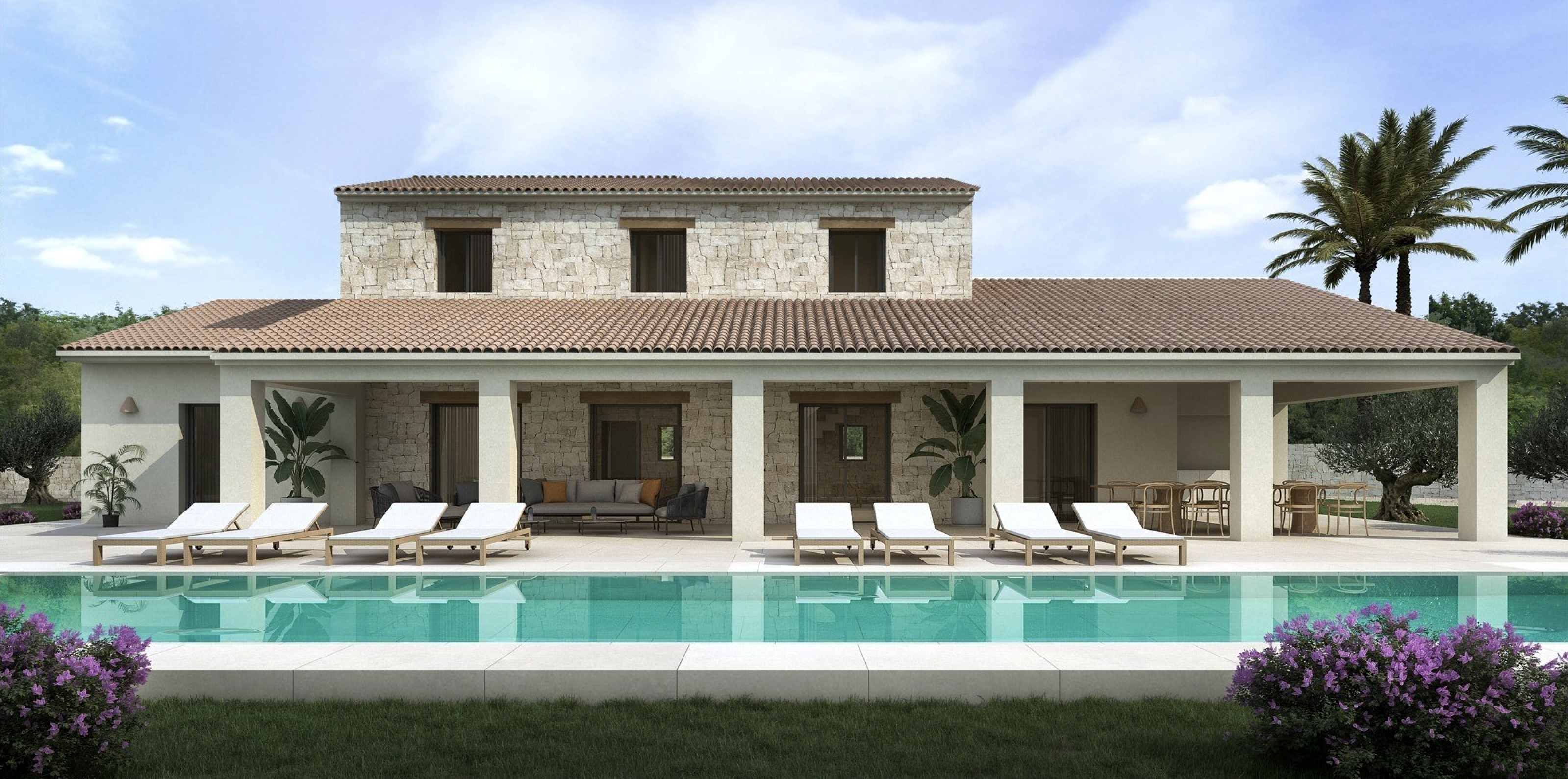 Mediterrane Steinfassade mit weitläufiger überdachter Terrasse, rechteckigem Pool und einer mit modernen Sonnenliegen ausgestatteten Liegefläche.