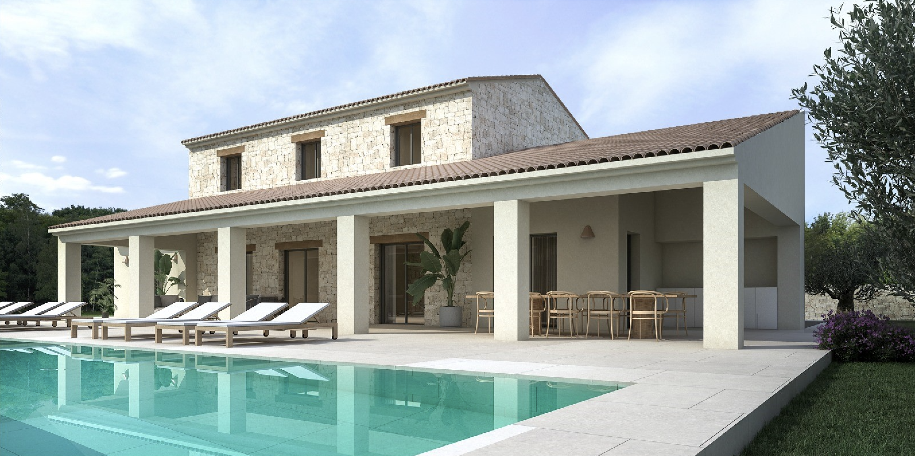 Mediterrane Villa mit Natursteinfassade, großzügiger überdachter Terrasse mit Essbereich und Poolanlage mit Sonnenliegen inmitten gepflegter Außenanlagen.