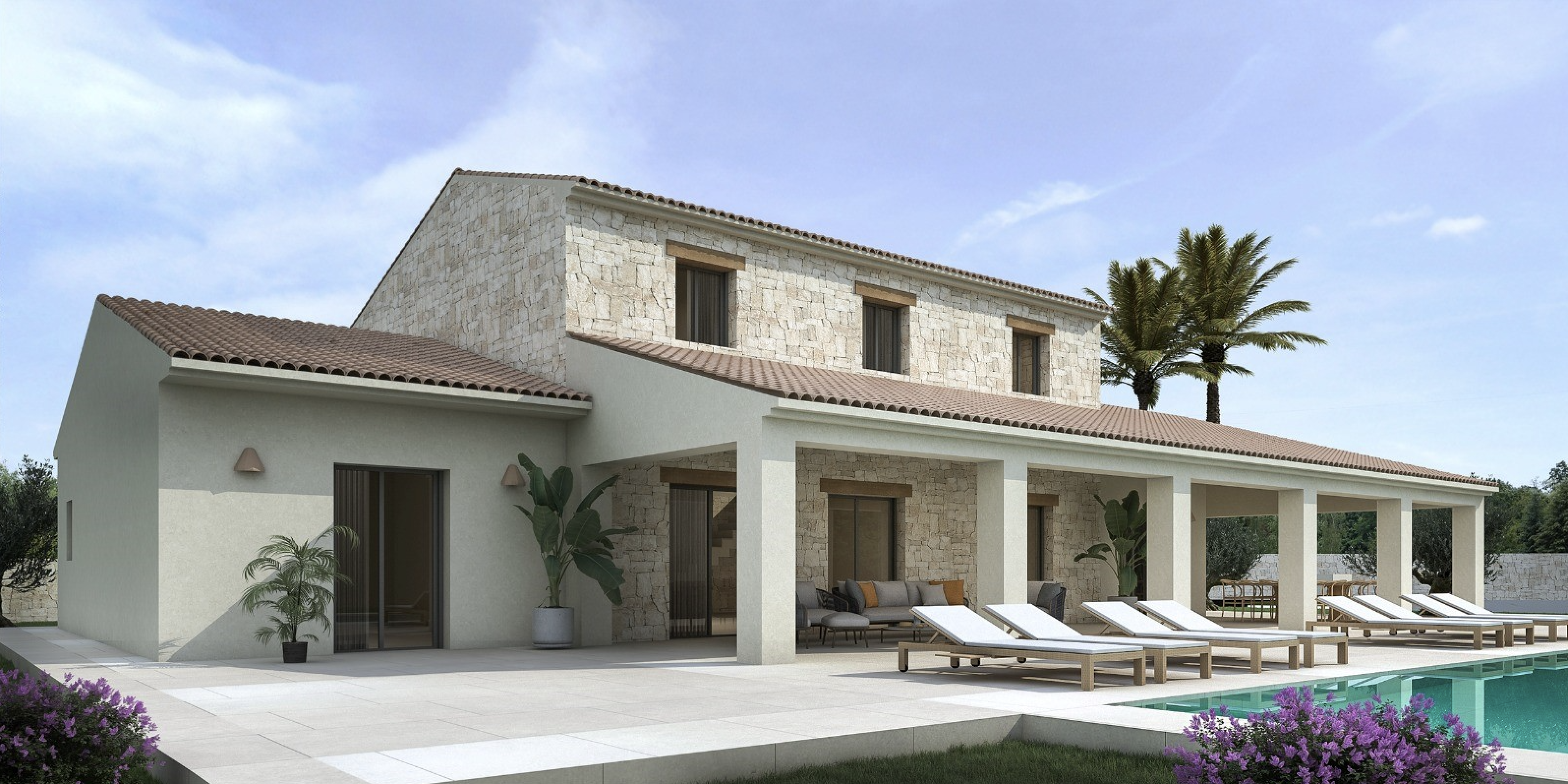 Mediterrane Villa mit Natursteinfassade, großzügiger überdachter Veranda, Außenlounge und Sonnenterrasse mit Liegen direkt am Poolbereich.