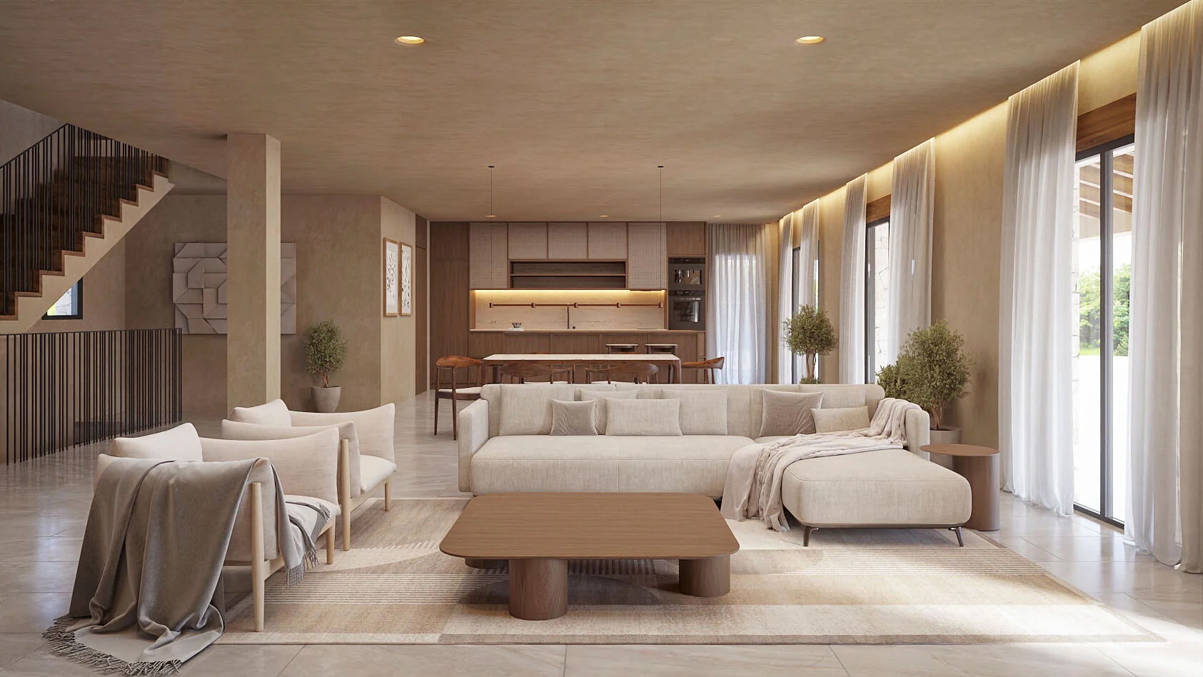 Offener Wohn- und Essbereich mit beigem Ecksofa, Holztisch und integrierter Designerküche. Große Fensterfronten sorgen für ein helles, einladendes Ambiente.