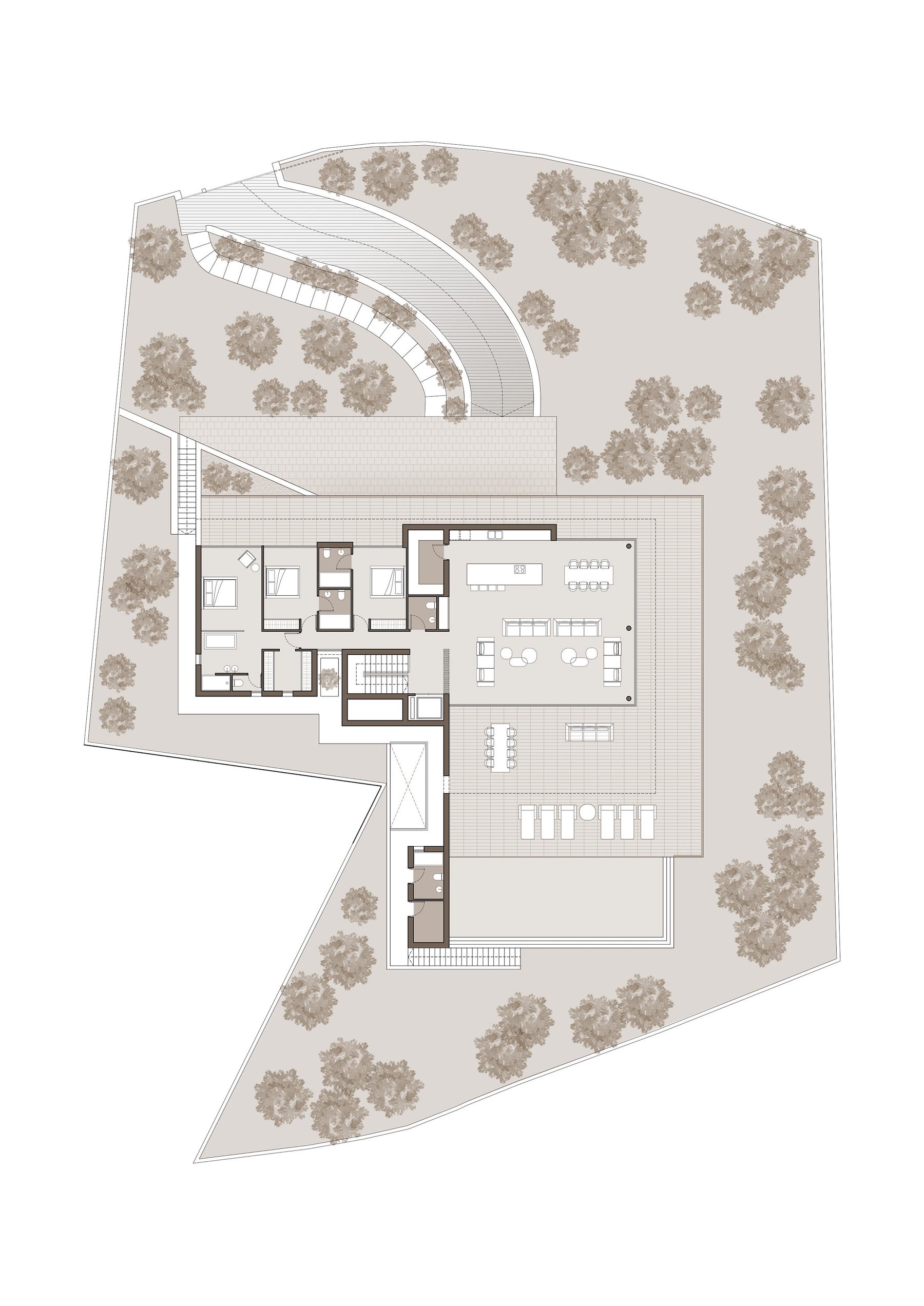 Architektonischer Grundriss des Obergeschosses mit einem 90 m² großen offenen Wohnbereich, Schlafzimmern mit eigenem Bad und einer großzügigen Terrasse mit Poolbereich.