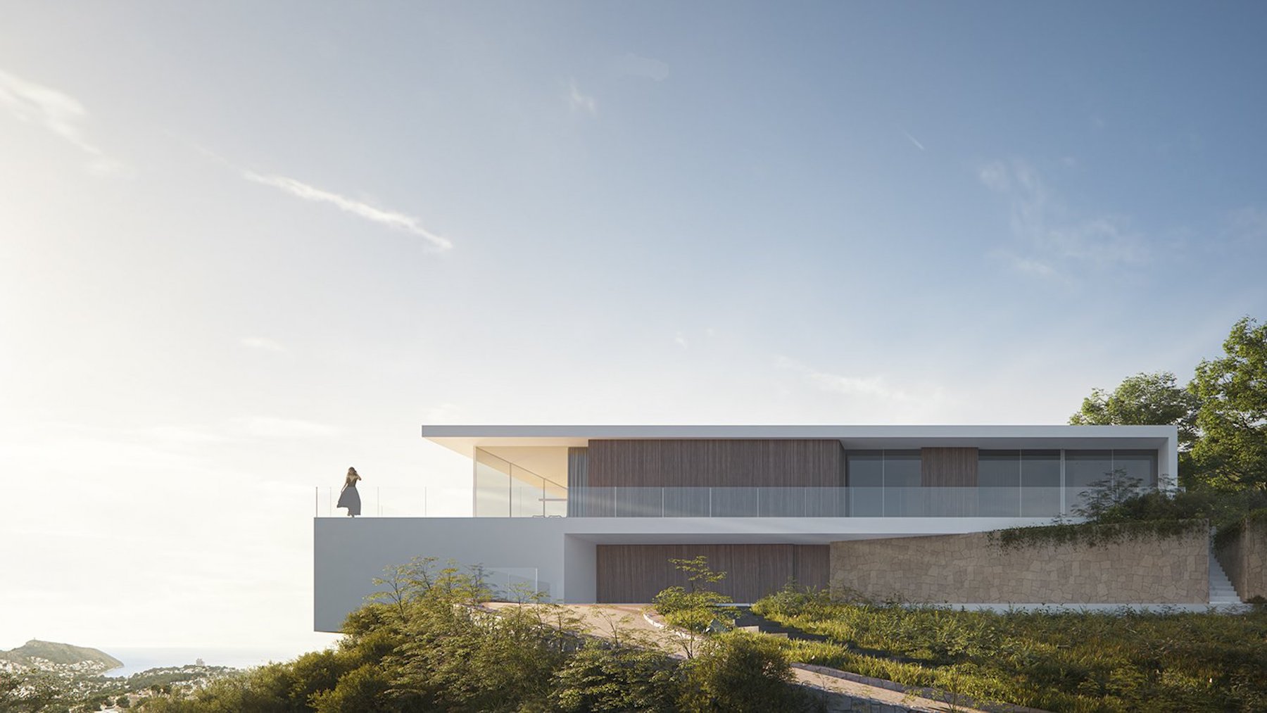 Außenansicht der modernen Villa mit Holz- und Steinfassaden, einer auskragenden Terrasse mit Glasgeländern und weitem Panoramablick auf die Landschaft.