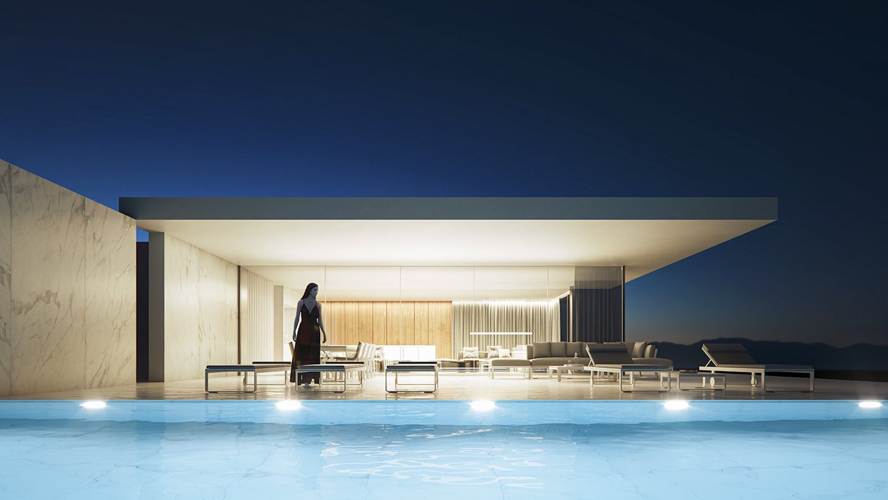 Außenbereich mit beleuchtetem Pool und großzügiger überdachter Terrasse, die Ess- und Wohnbereiche unter einer minimalistischen Architektur mit Steinfassade vereint.