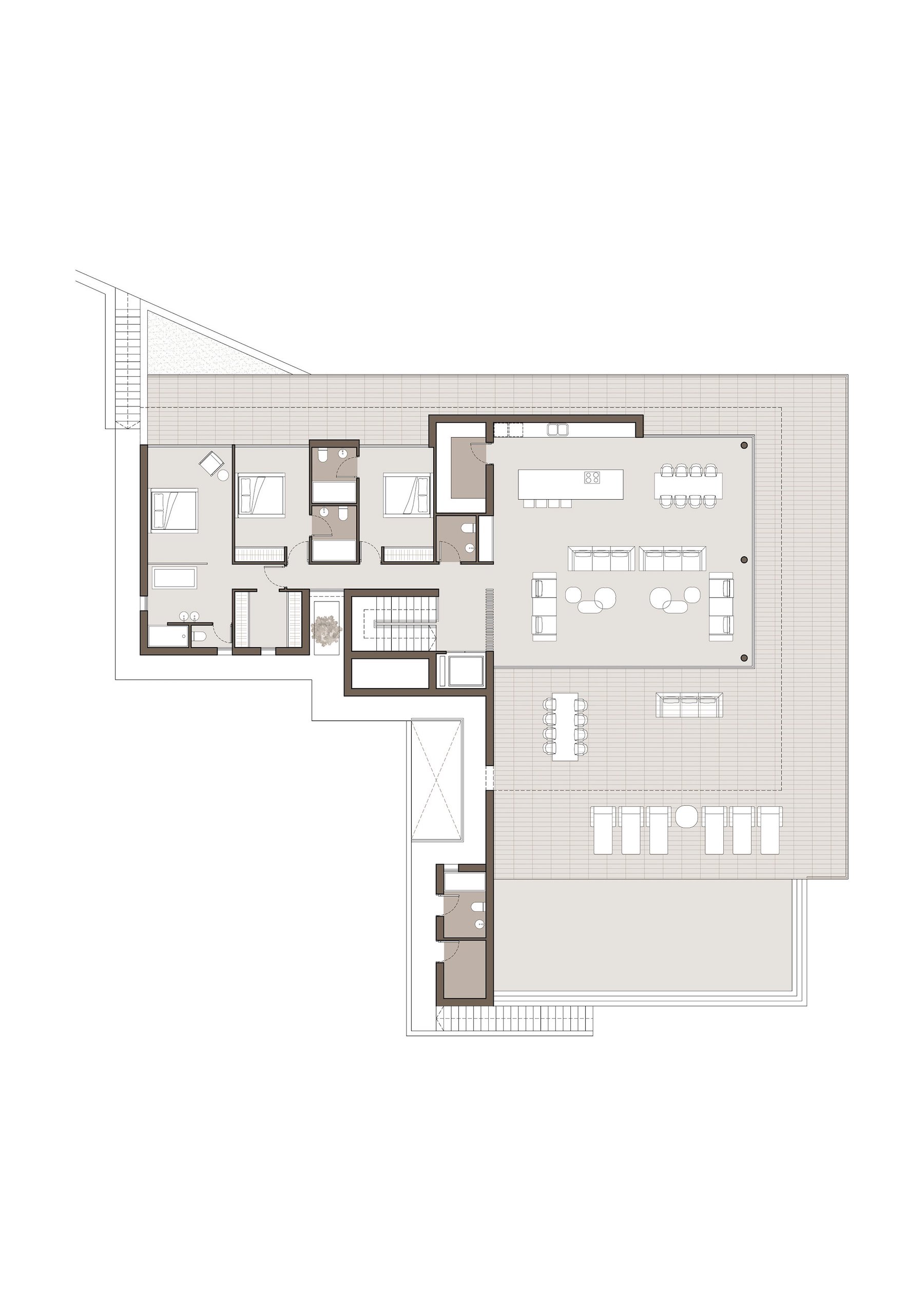 Grundriss des Obergeschosses mit offenem Wohn- und Essbereich, drei Schlafzimmern mit En-Suite-Bädern und einer großzügigen, umlaufenden Terrasse mit Außenmöblierung.