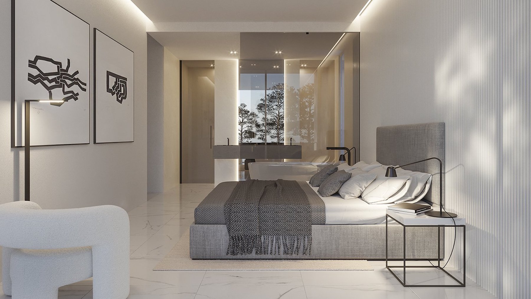 Hauptschlafzimmer mit integriertem Bad, weißem Marmorboden und strukturierten Wandpaneelen. Mit freistehender Badewanne und bodentiefen Glasfronten zum Garten.