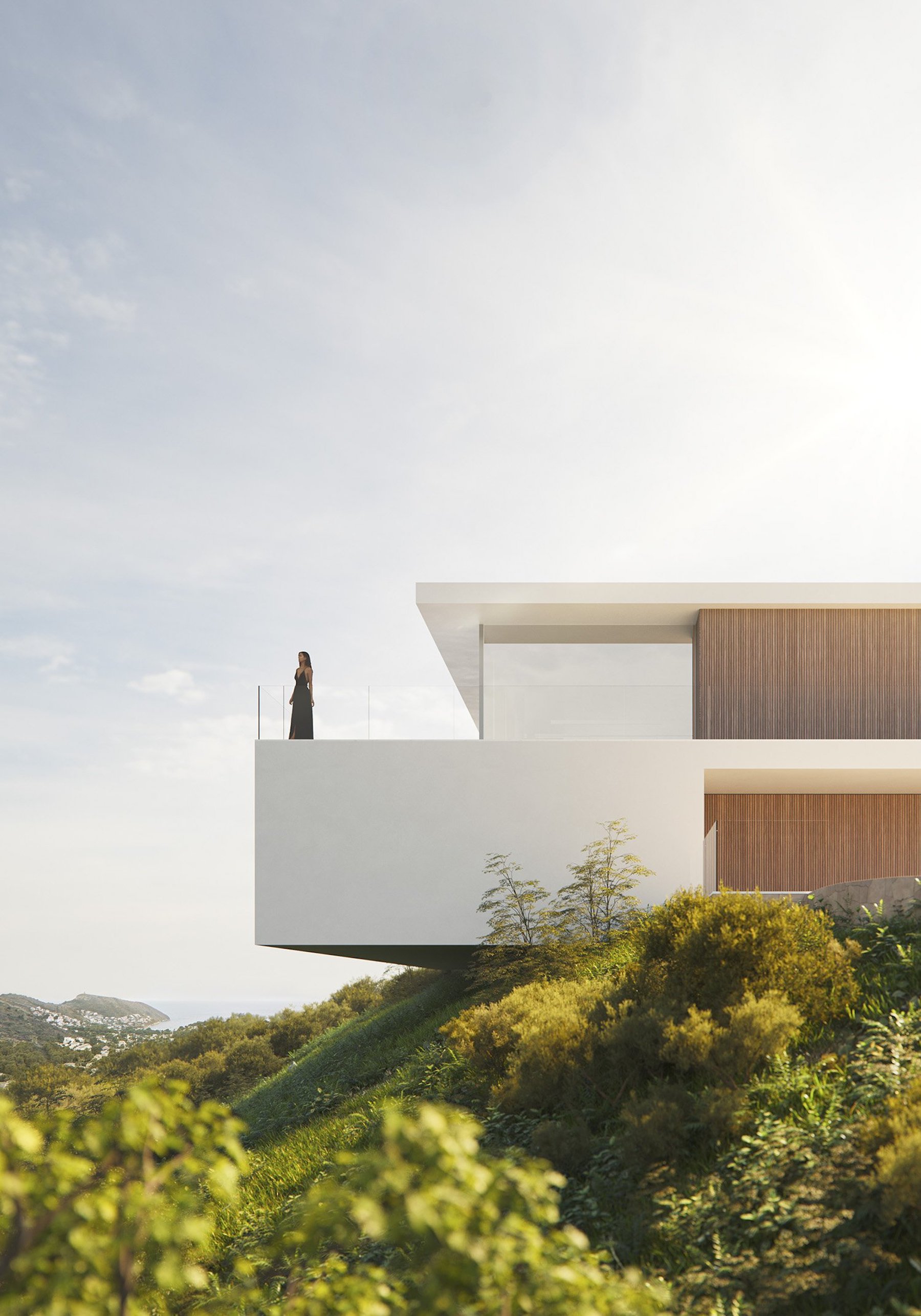Minimalistische, auskragende Terrasse mit Glasgeländer, Holzverkleidung und Panoramablick auf die umliegende Hügellandschaft und das Meer.