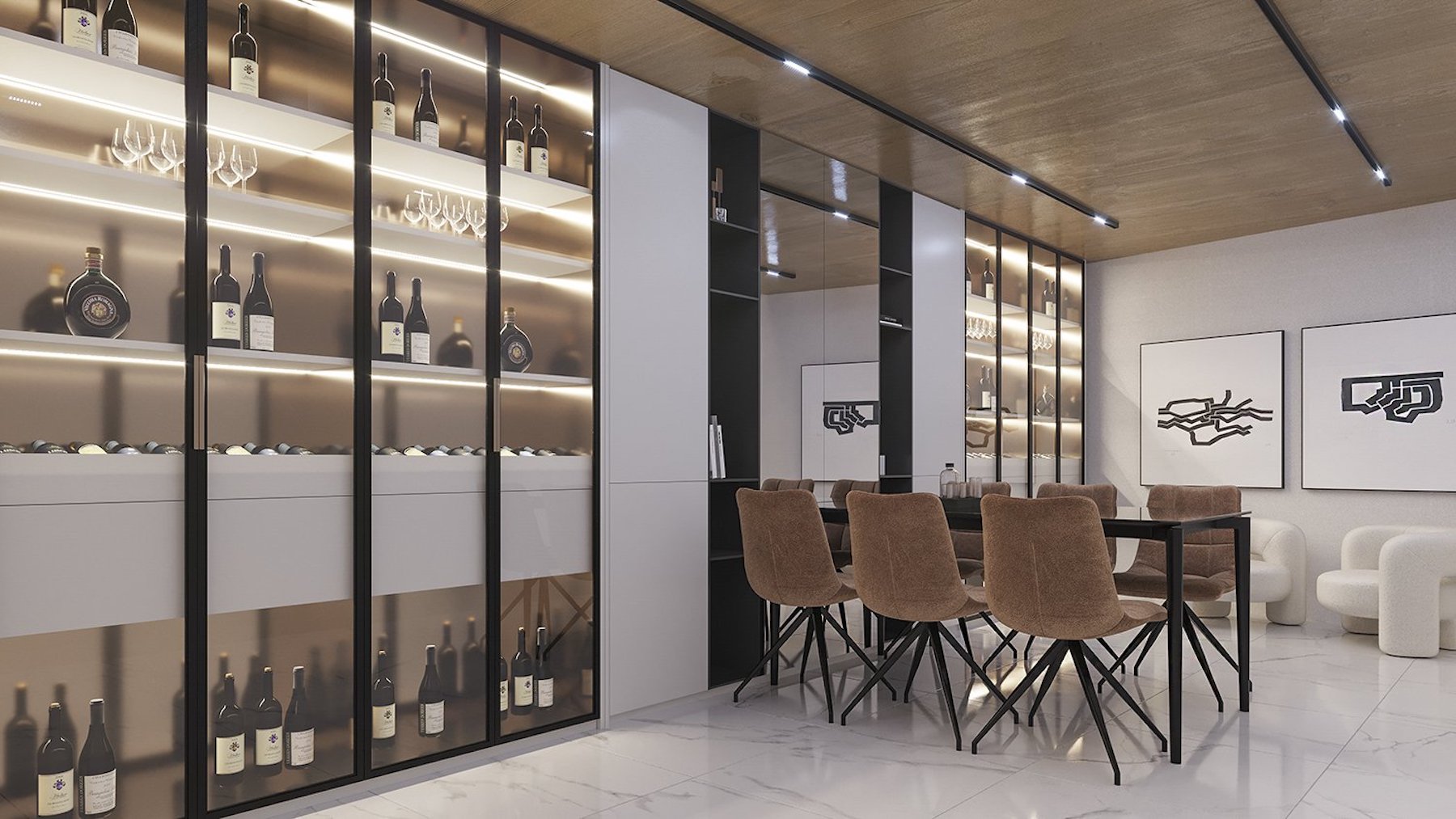 Zeitgenössischer Weinkeller mit hinterleuchteten Glasvitrinen, Holzdecken mit Schienenbeleuchtung und einem Verkostungsbereich mit Designmöbeln auf Marmorboden.
