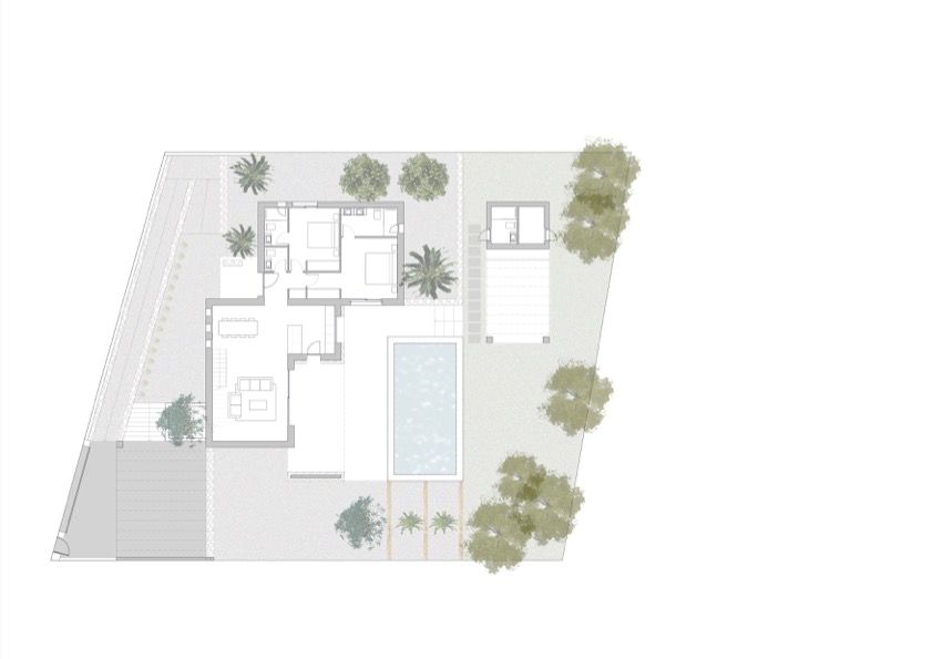 Architektonischer Lageplan, der die Innenraumaufteilung, den Poolbereich, die Außenterrassen und die Gestaltung des mediterranen Gartens zeigt.
