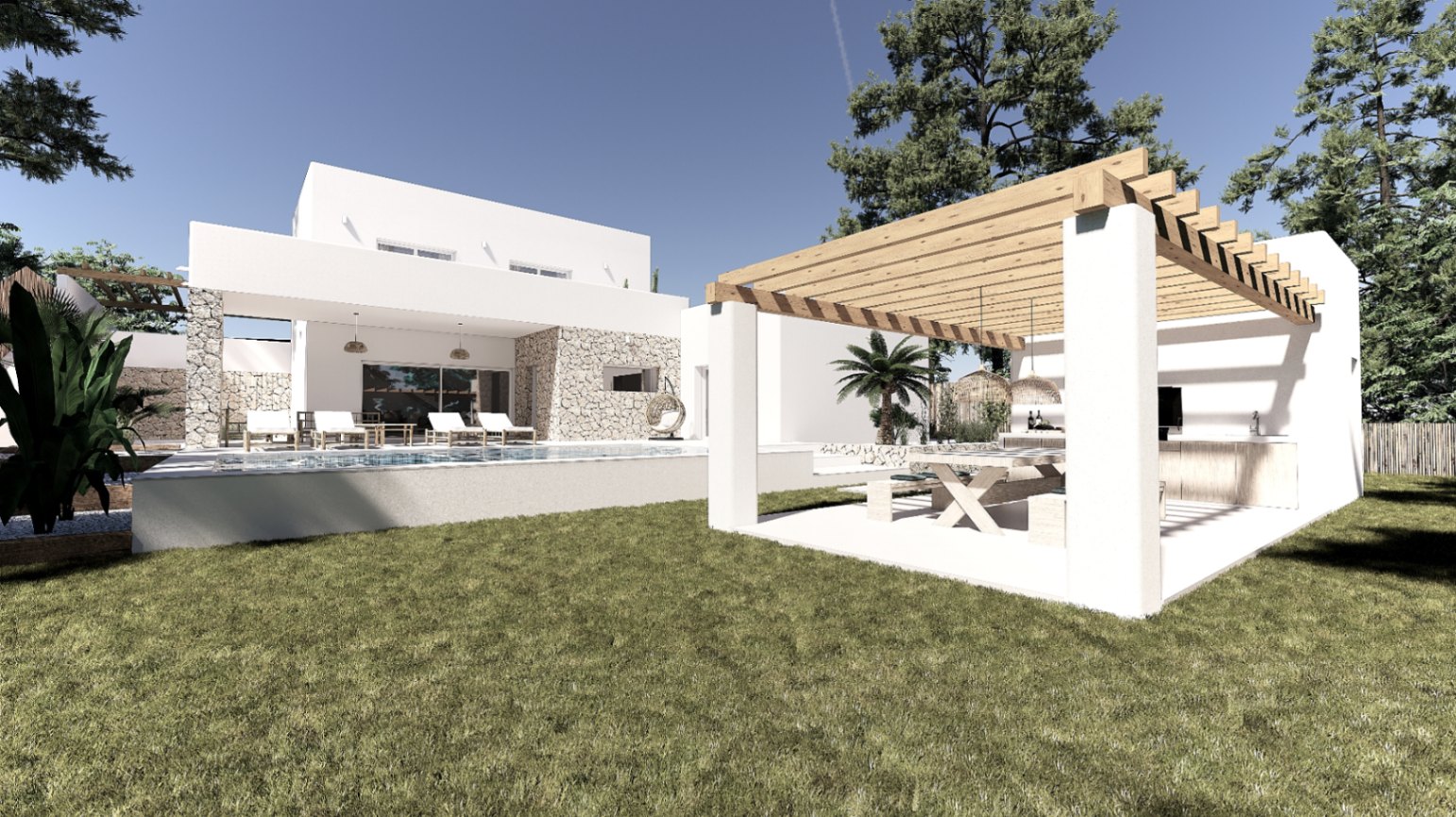 Außenansicht der Villa mit Pool, Rasenfläche und einer Holzpergola, die eine Außenküche und einen Essbereich beherbergt, ergänzt durch Natursteinwände.