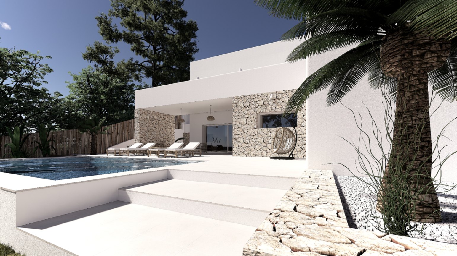 Außenansicht mit Pool, weißer Fassade und Natursteinwänden. Terrasse mit Sonnenliegen und einem Hängesessel unter einer überdachten Veranda.