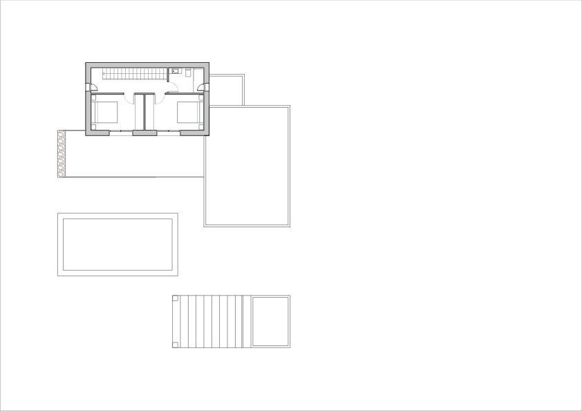 Detaillierter architektonischer Grundriss des Obergeschosses mit der Aufteilung von zwei Schlafzimmern, einem Bad und dem Treppenhaus.