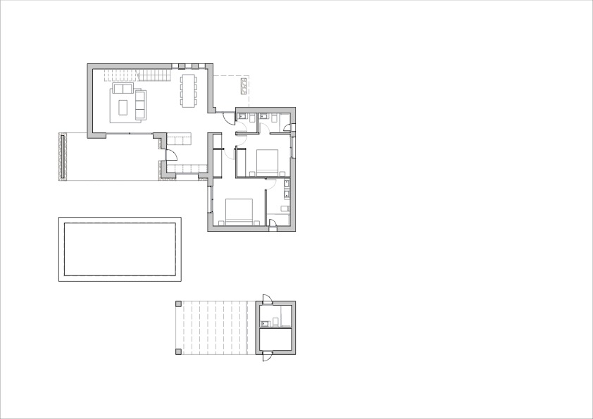 Detaillierter Grundriss der Hauptetage mit offenem Wohn-Essbereich, Schlafzimmern mit En-Suite-Bädern und dem großzügigen Außenbereich inklusive Pool.
