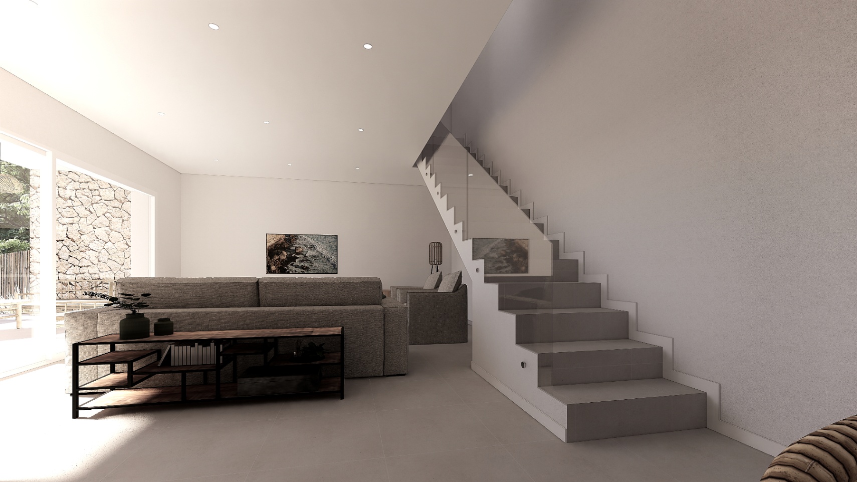 Moderner Wohnbereich mit grauem Sofa, industriellem Regal und minimalistischer Treppe mit Glasgeländer und Stufenbeleuchtung. Große Fensterfronten blicken auf eine Natursteinmauer.