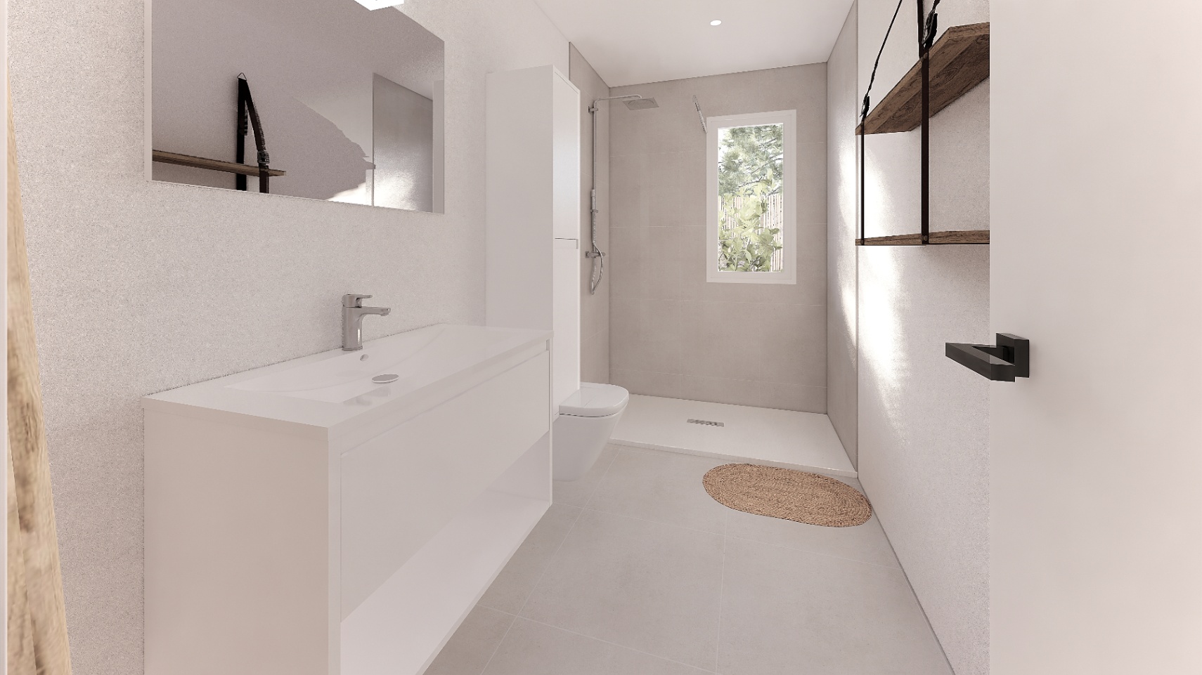 Modernes Badezimmer mit weißem Waschtisch, ebenerdiger Dusche und Holzregalen. Ein Fenster sorgt für natürliches Licht und Ausblick ins Grüne.