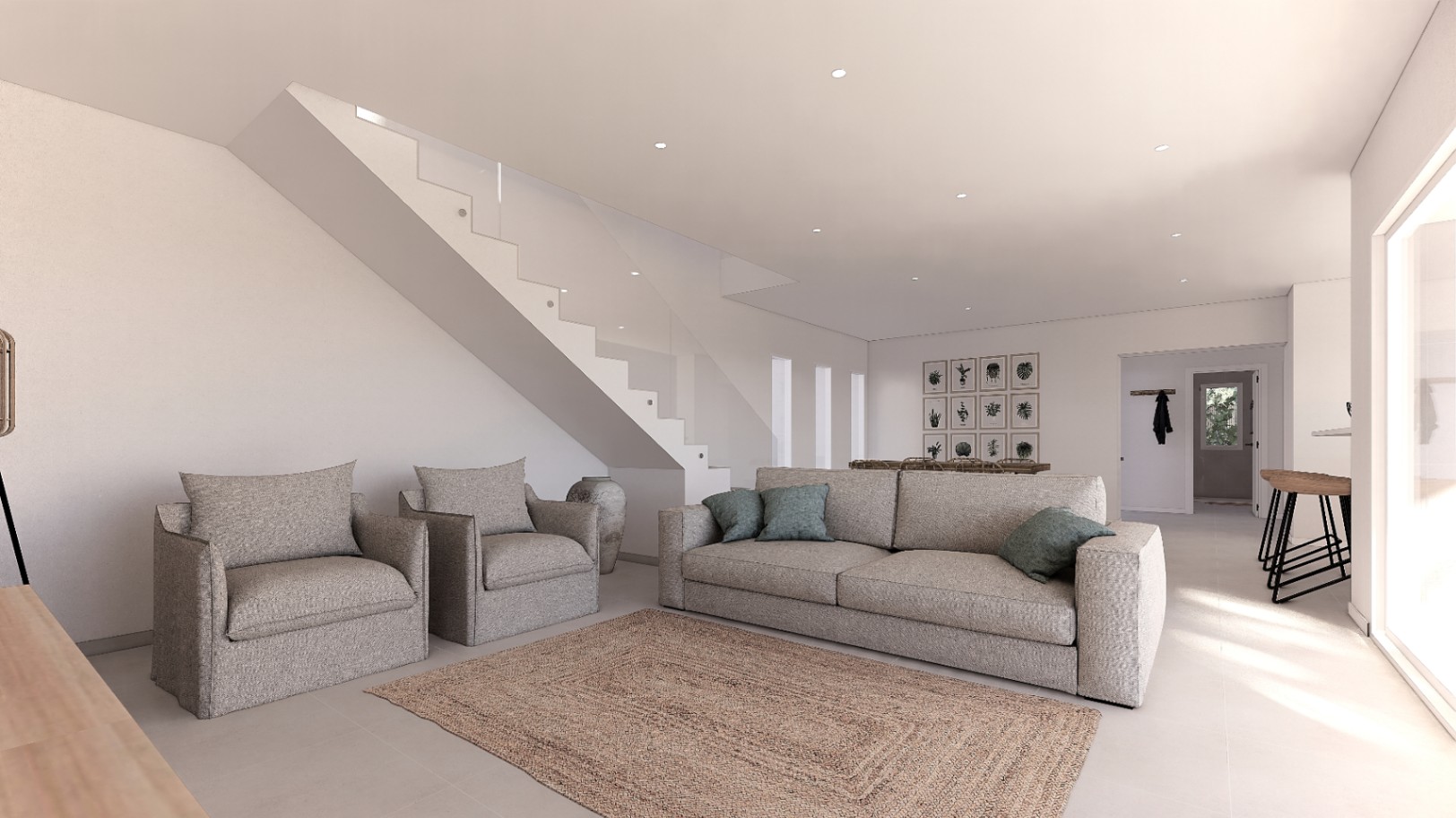 Offener Wohnbereich mit neutralen Stoffsofas, Naturfaserteppich und einer minimalistischen weißen Treppe mit Glasgeländer und Einbaustrahlern.