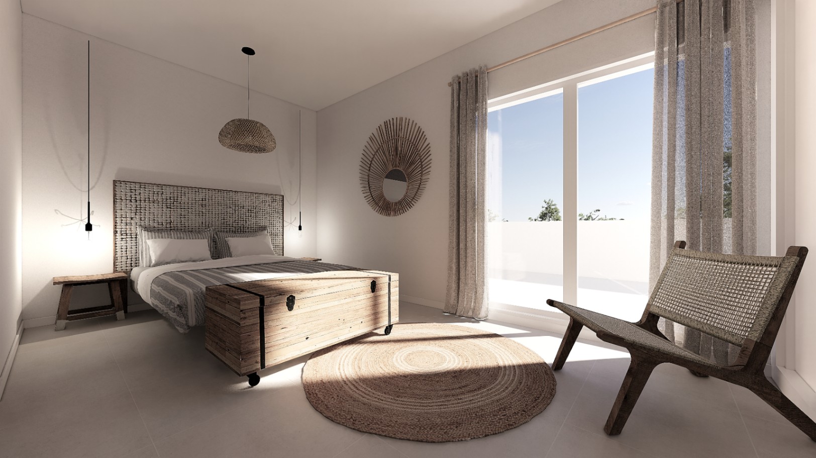 Schlafzimmer im mediterranen Stil mit strukturiertem Kopfteil, Holztruhe und bodentiefen Fenstern, die für viel natürliches Licht sorgen.