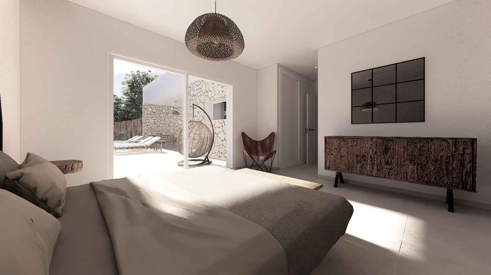 Schlafzimmer mit direktem Terrassenzugang, rustikalem Sideboard, Butterfly-Sessel und Blick auf den Poolbereich mit Natursteinwänden.