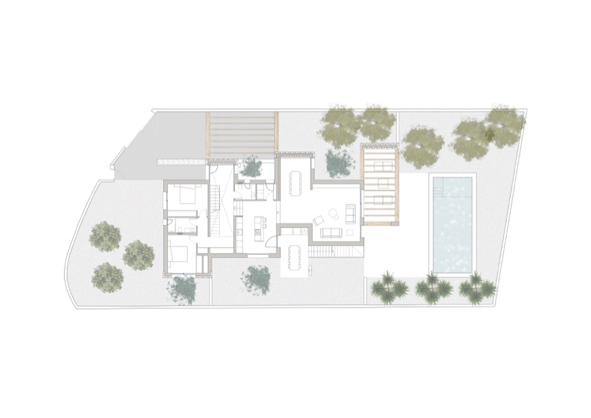 Detaillierter Grundriss des Erdgeschosses mit Darstellung der Schlafzimmer, des offenen Wohnbereichs, des Außenpools und der angelegten Gartenflächen.