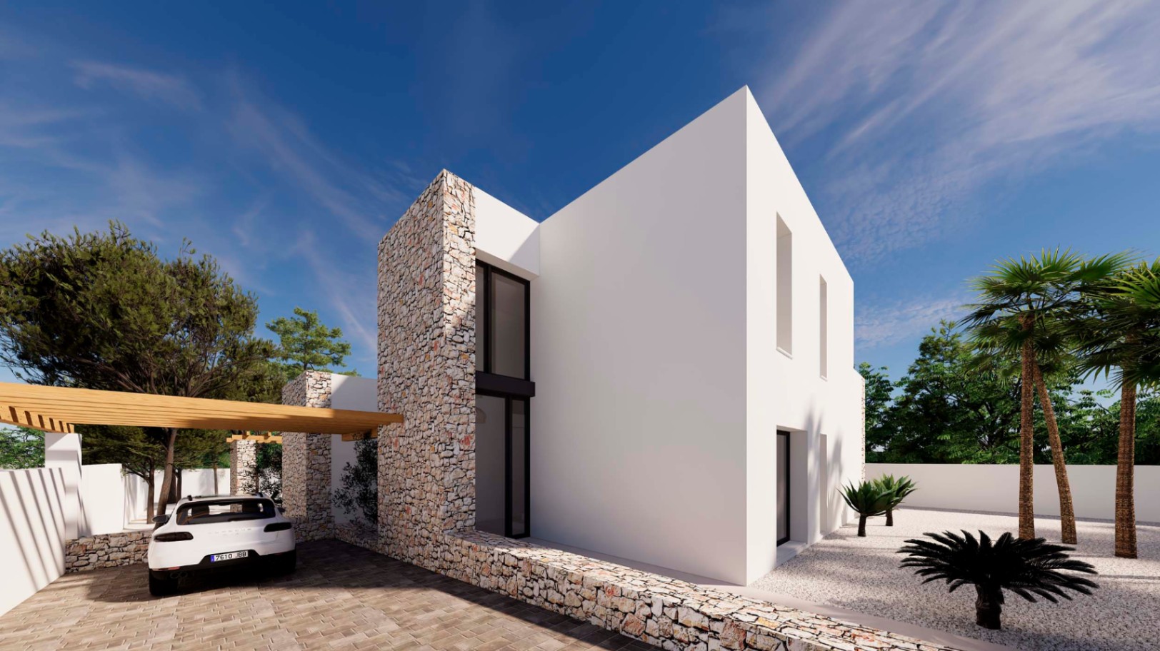 Fassade im ibizenkischen Stil mit Natursteinwänden, einer Parkpergola aus Holz und einem mediterranen Kiesgarten mit Palmen.
