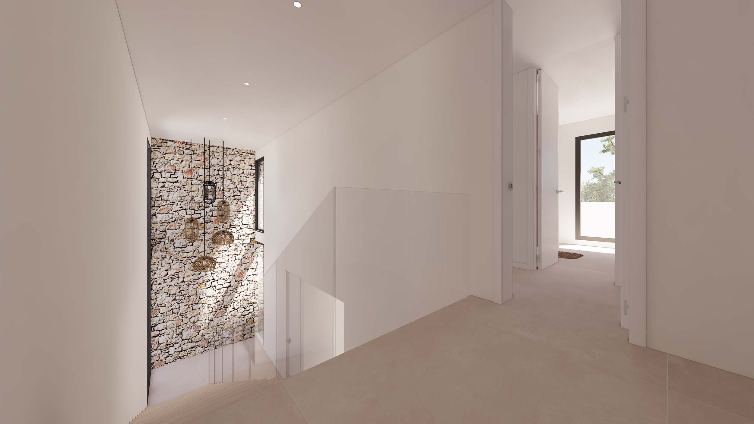 Flur im Obergeschoss mit Glastreppe, Natursteinwand und Pendelleuchten aus Naturfasern. Minimalistisches Design mit Deckeneinbaustrahlern und hellem Boden.