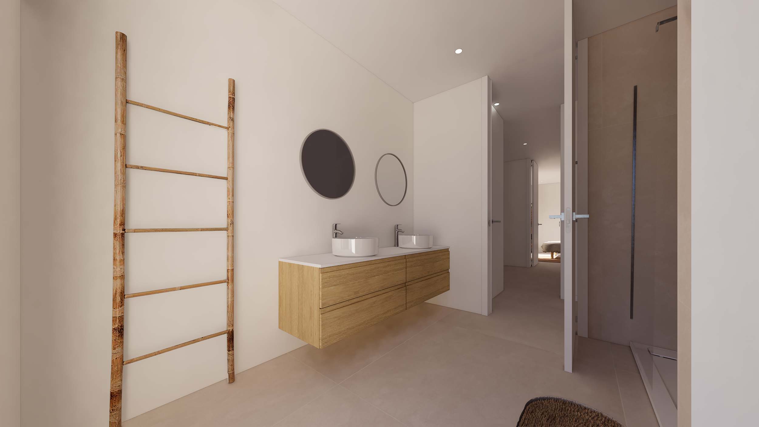 Minimalistisches Badezimmer mit schwebendem Holz-Waschtisch, Doppel-Aufsatzbecken und runden Spiegeln. Ausgestattet mit begehbarer Dusche und dekorativer Holzleiter.