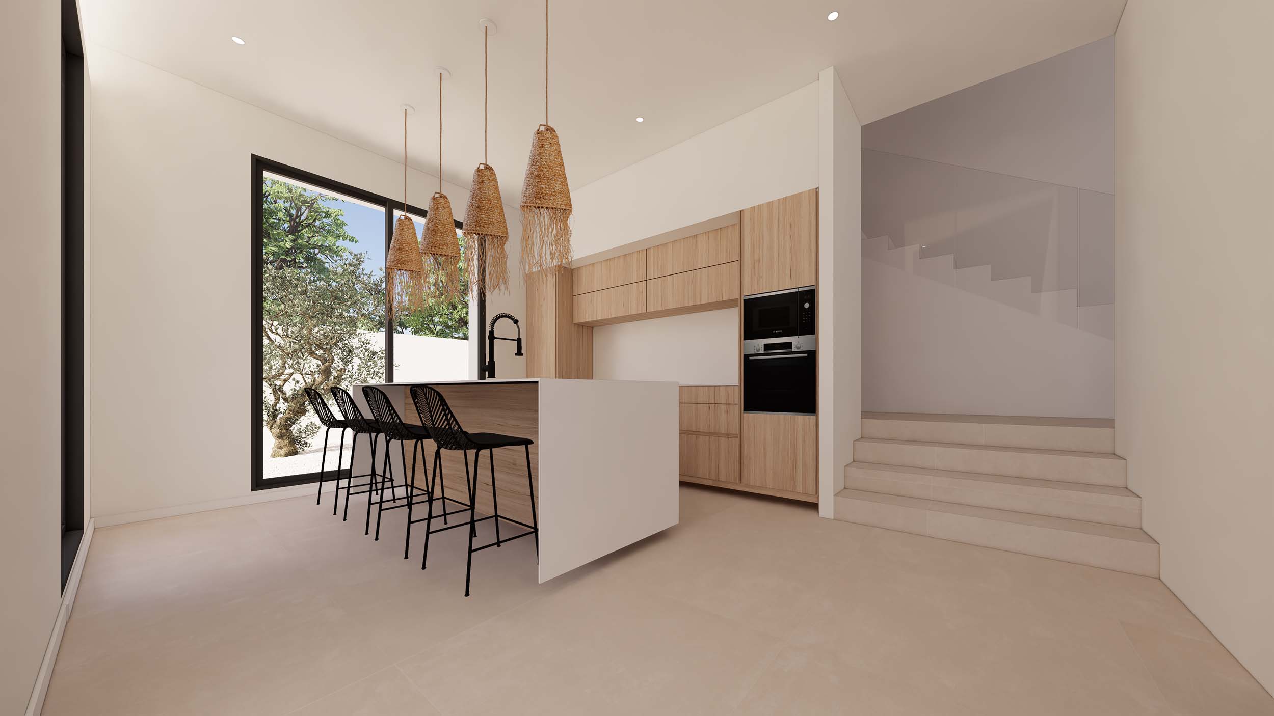 Moderne Designerküche mit weißer Insel, schwarzen Barhockern und Naturfaser-Leuchten. Helle Holzfronten, integrierte Geräte und eine Treppe mit Glasgeländer prägen den Raum.