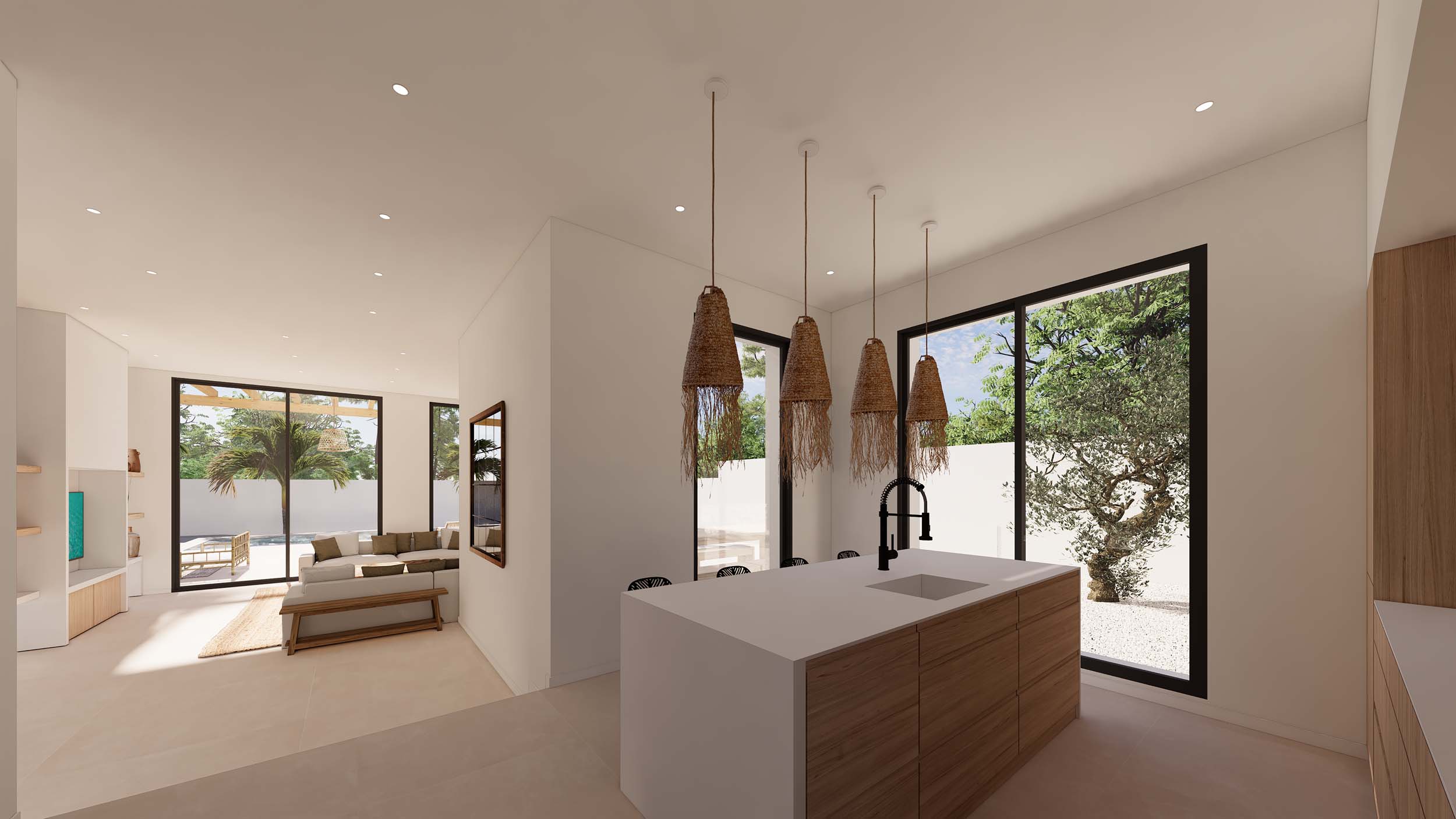 Moderne Küche mit Holzinsel, weißer Arbeitsplatte und Pendelleuchten aus Naturfasern. Große Fensterfronten bieten Ausblick auf den Garten und den Poolbereich.