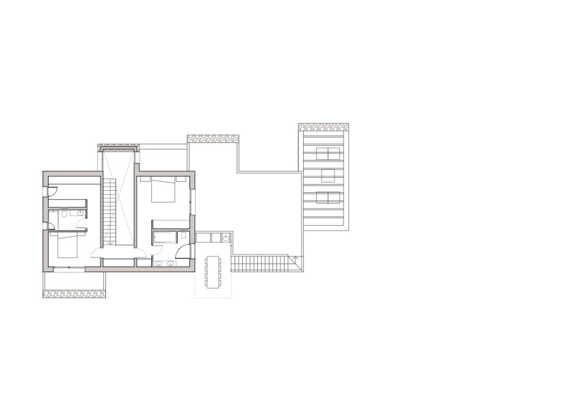 Technischer Grundriss mit zwei Schlafzimmern mit En-Suite-Bädern, einem Außenessbereich und großzügigen Terrassenflächen mit einer Pergola.