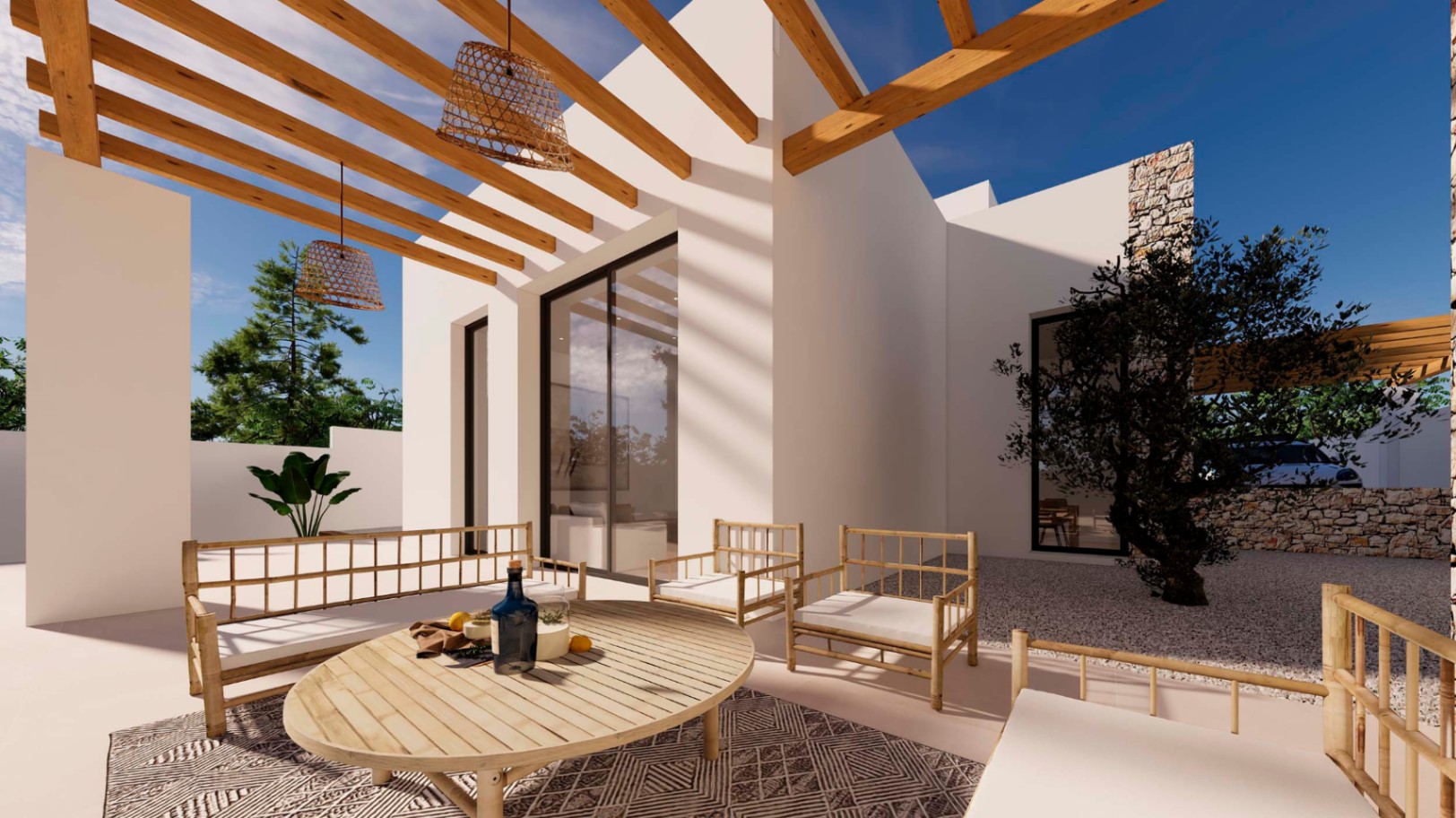 Terrasse im Ibiza-Stil mit Holzpergola, Bambusmöbeln und Korblampen. Der Außenbereich verfügt über einen Olivenbaum und Natursteinmauern.