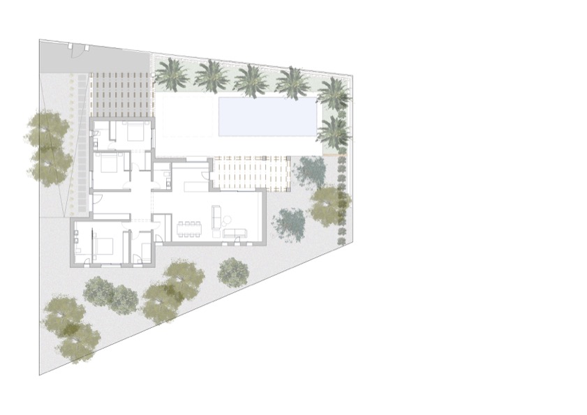 Architektonischer Lageplan mit Darstellung der vier Schlafzimmer, des offenen Wohnbereichs, des Pools und der Gartenanlage auf dem Grundstück.