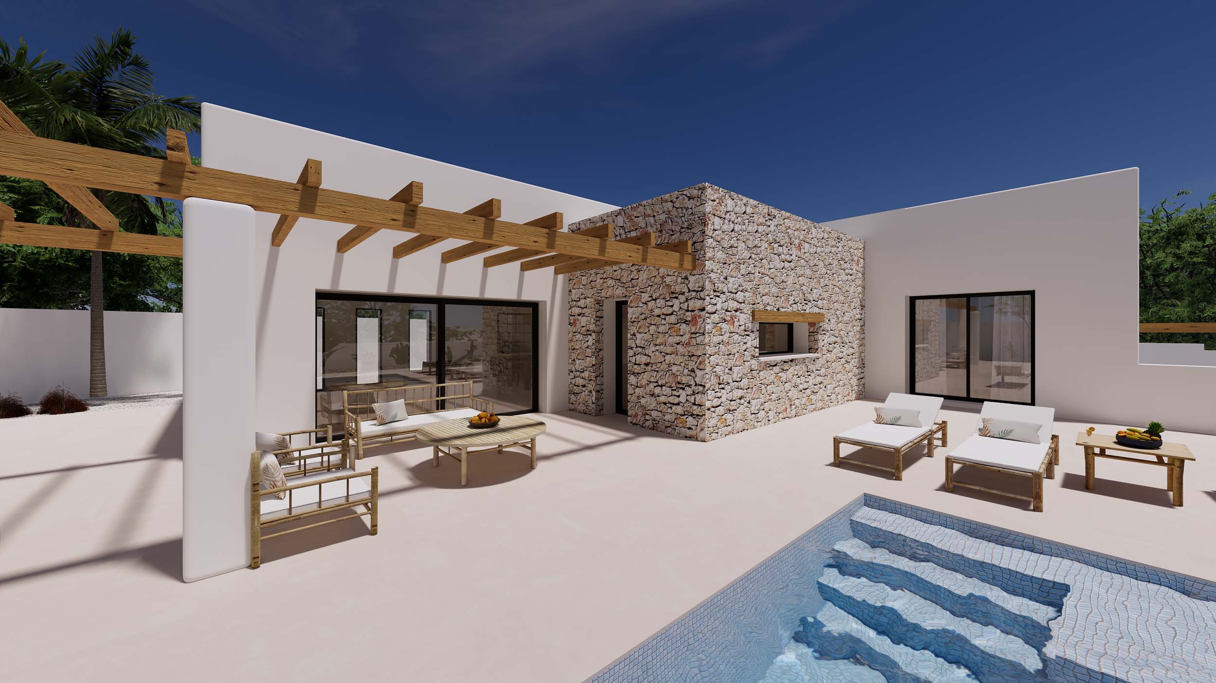 Außen-Terrasse mit Holzpergola, Loungebereich und Pool. Weiße Fassaden kombiniert mit Natursteinwänden und hellen Holzmöbeln unter blauem Himmel.