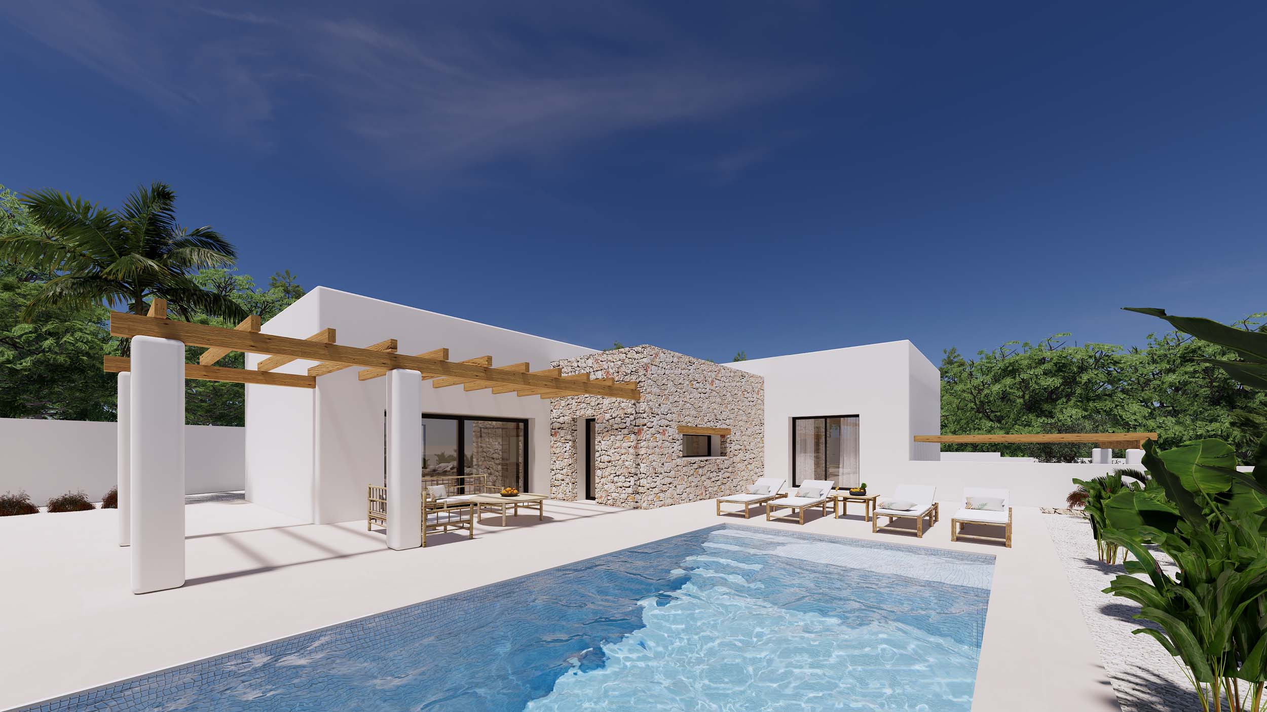 Außenansicht mit blauem Mosaikpool, gepflasterter Terrasse und Holzpergola. Die Fassade kombiniert glatte weiße Flächen mit einer Natursteinwand.
