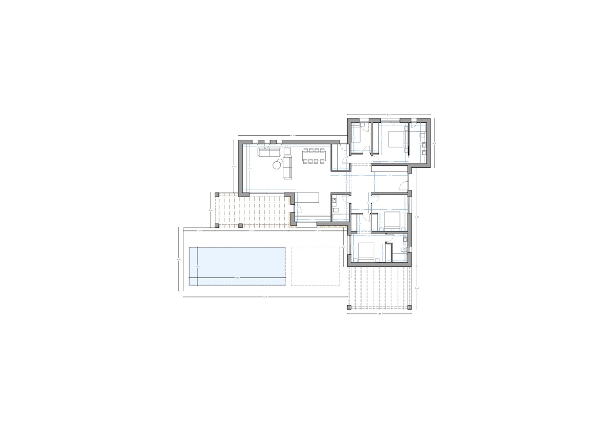 Detaillierter Grundriss des Erdgeschosses mit vier Schlafzimmern en Suite, offenem Wohn-Essbereich und Außenanlage inklusive Pool und Pergola.