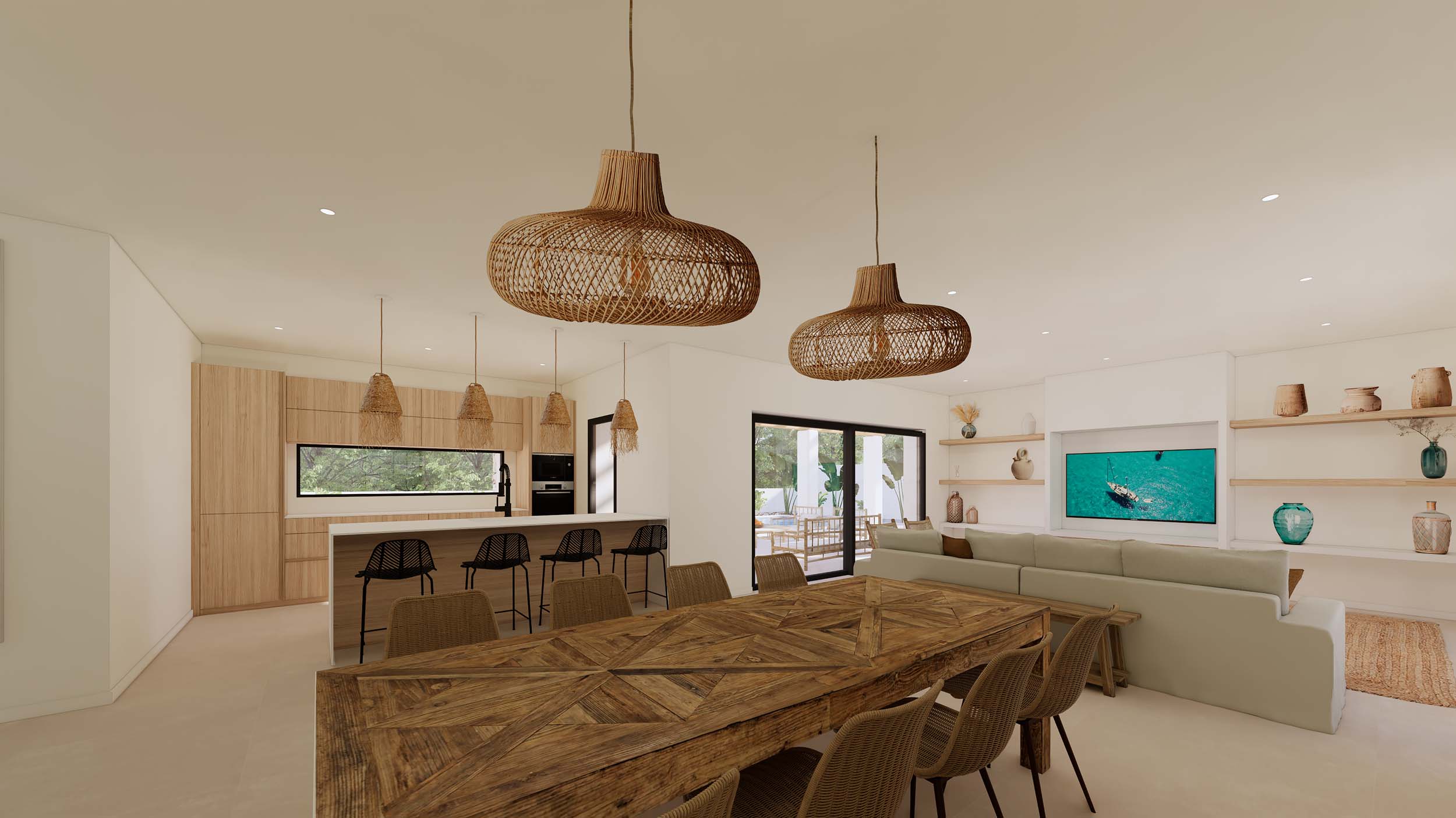 Offener Wohnbereich mit geometrischem Esstisch aus Holz, integrierter Inselküche und Rattanteuchten, die eine fließende Verbindung zur Terrasse schaffen.