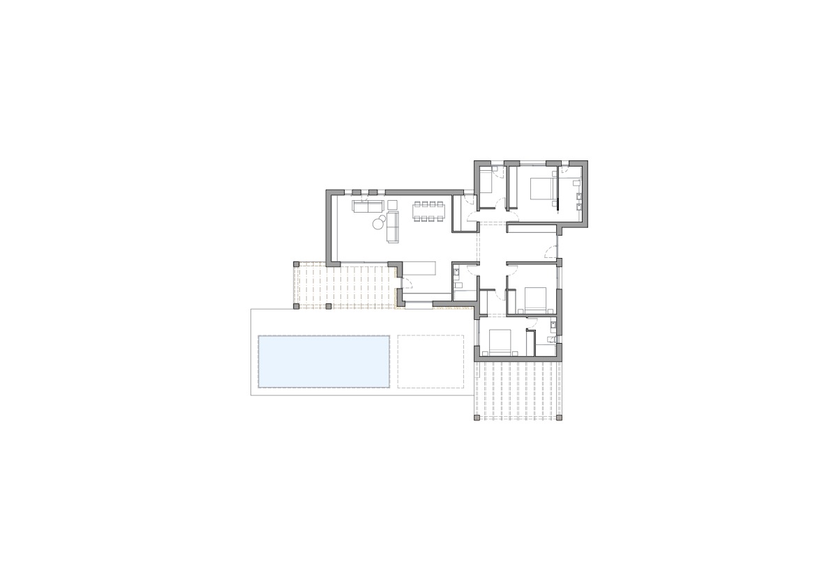 Technischer Grundriss der Villa mit Darstellung der vier Schlafzimmer mit Bad, des offenen Wohn-Essbereichs sowie der Außenanlagen mit Pool und Pergolen.