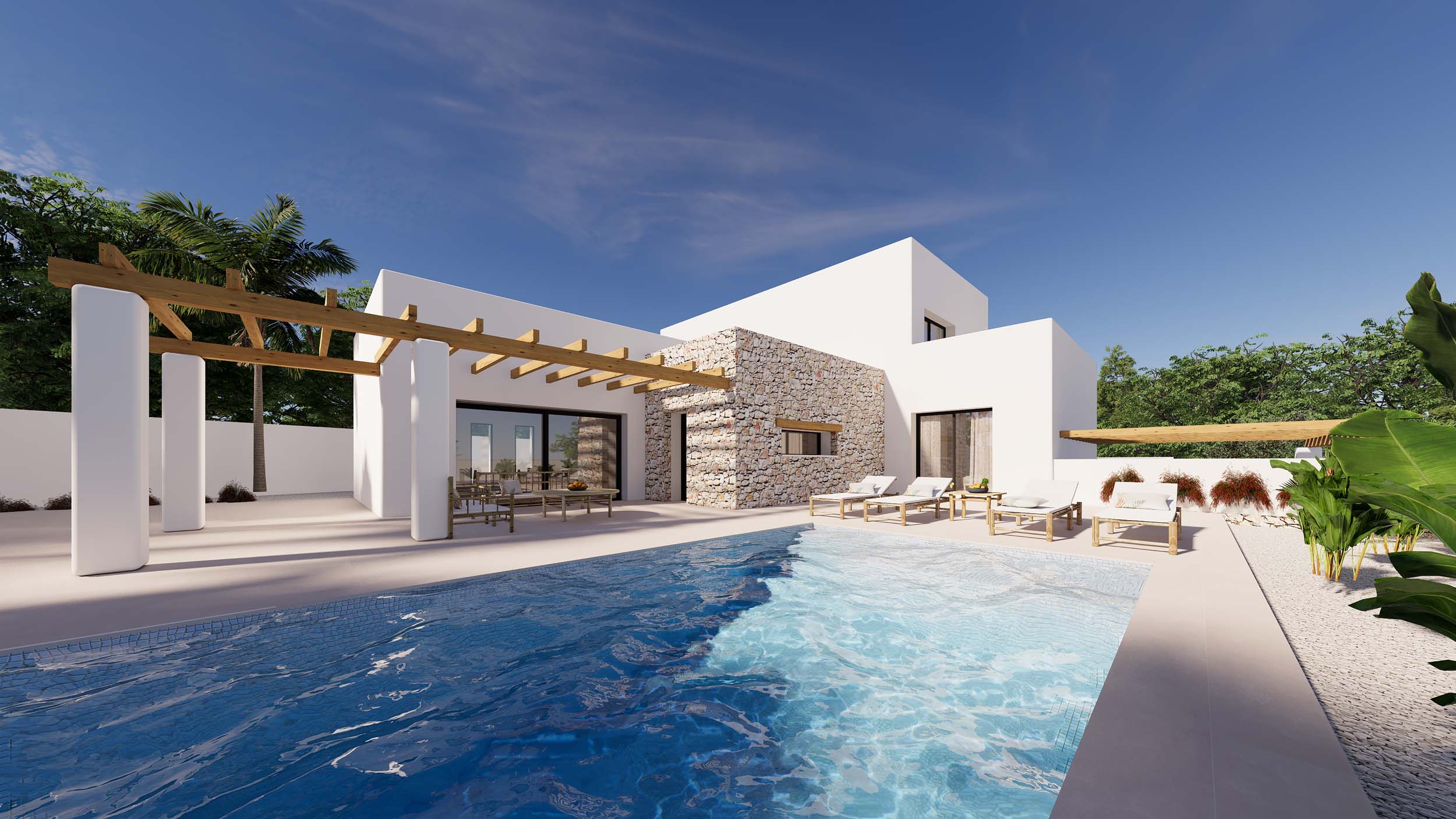 Außenansicht der Villa mit privatem Pool, Sonnenterrasse und Holzpergola, die die weiße Fassade mit Natursteinakzenten betont.