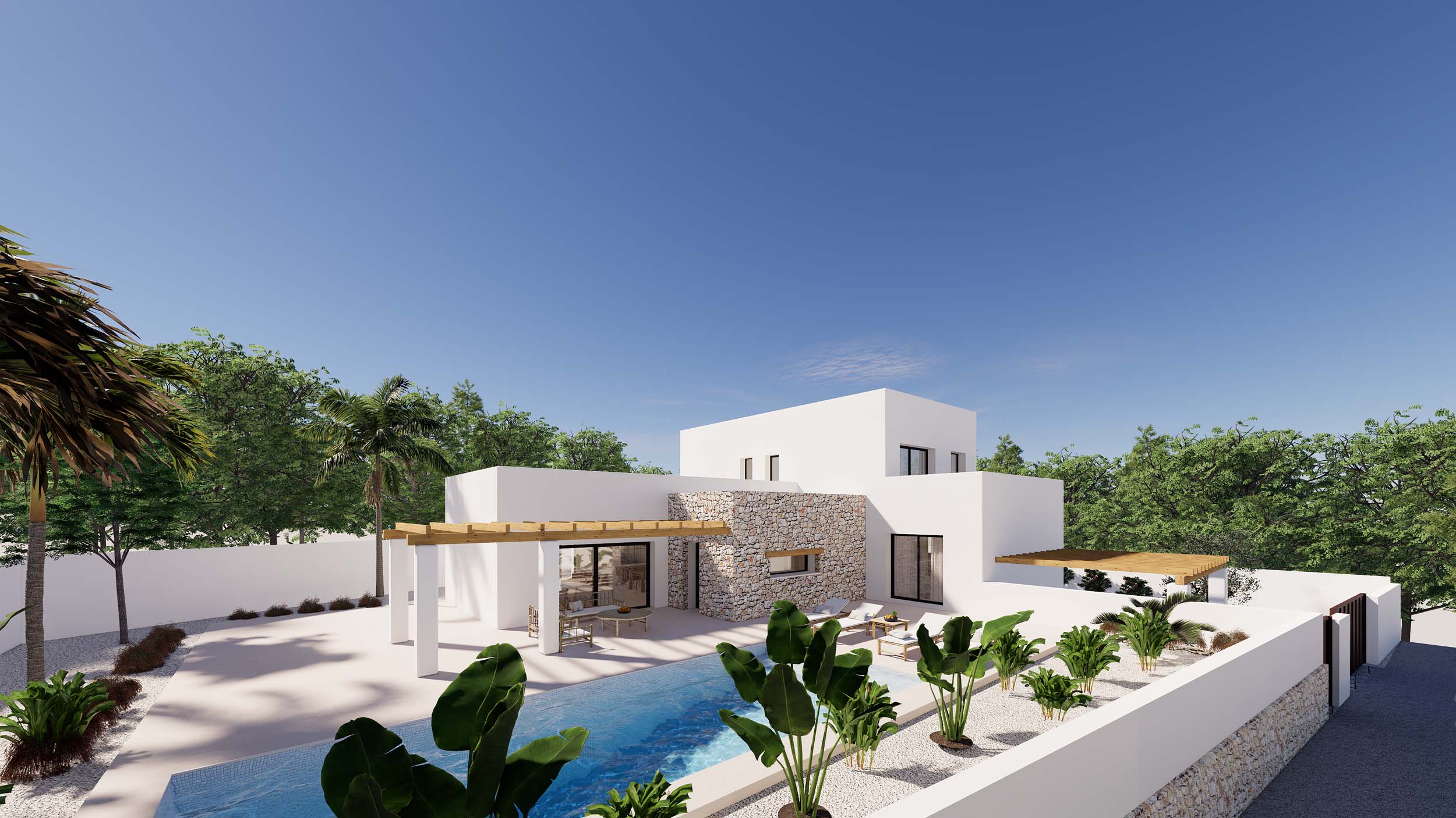 Außenansicht der Villa mit weißer Fassade, Naturstein, rechteckigem Pool, Holzpergolen und mediterranem Garten mit tropischen Pflanzen und weißem Kies.