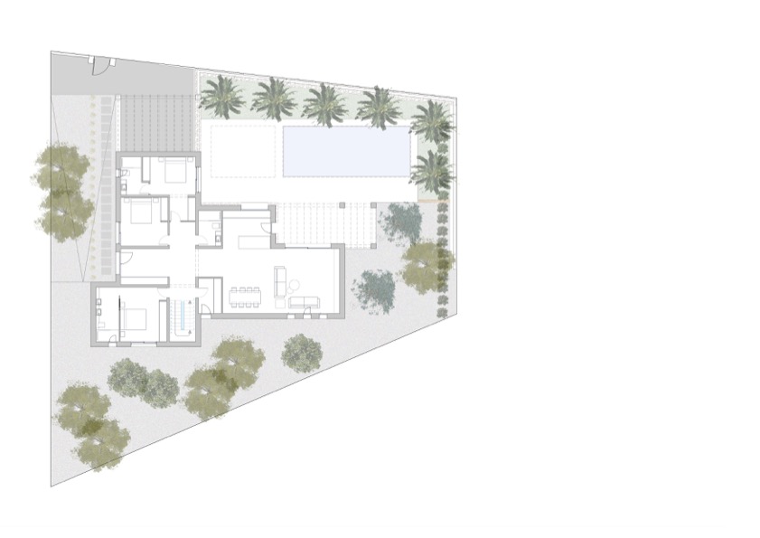 Detaillierter Grundriss des Erdgeschosses und des Außenbereichs mit drei Schlafzimmern en Suite, offenem Wohnbereich, rechteckigem Pool und Gartenanlage.
