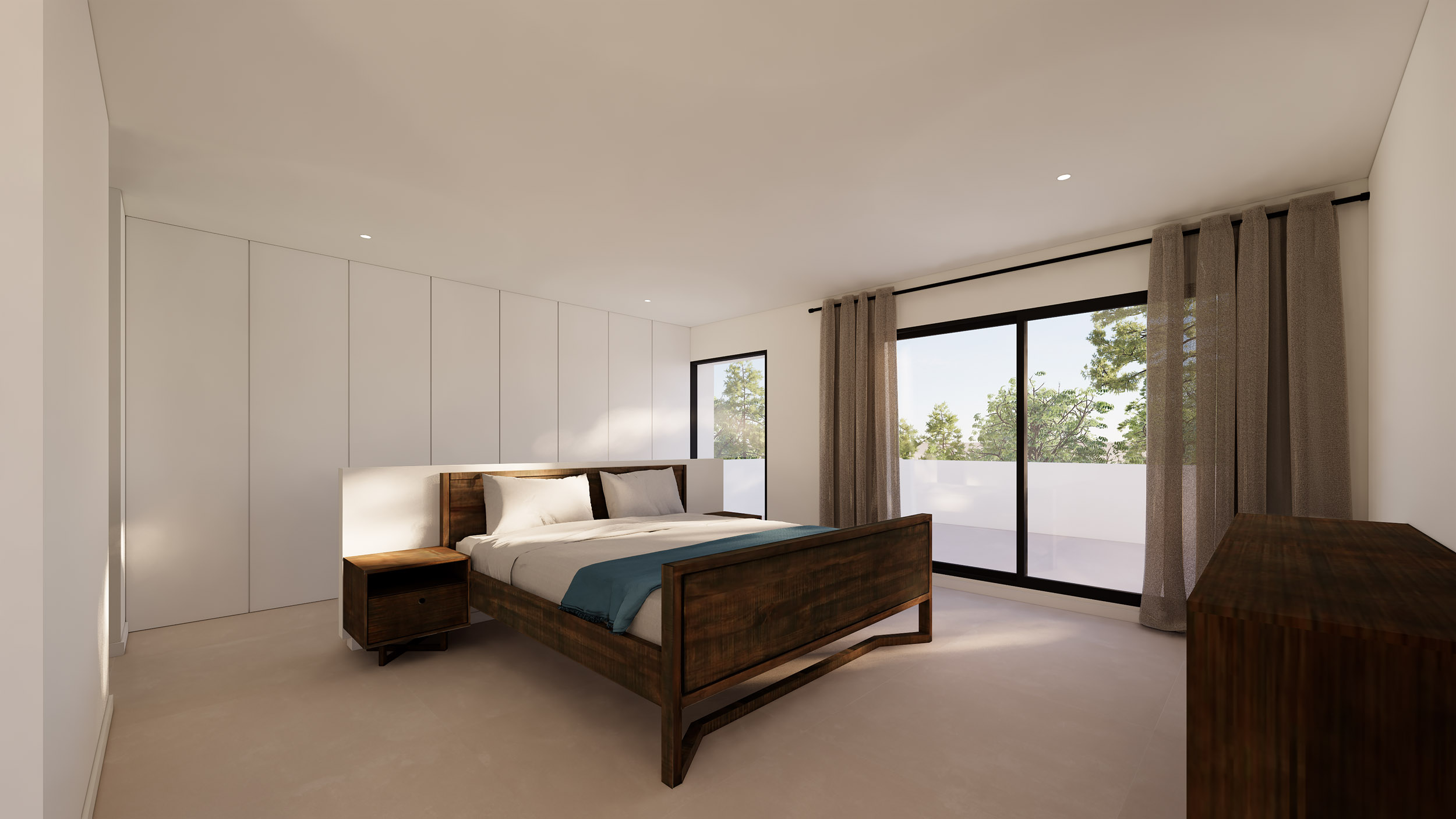 Hauptschlafzimmer mit minimalistischen Einbauschränken, dunklem Holzbettrahmen und direktem Zugang zur Terrasse durch große Glasschiebetüren.