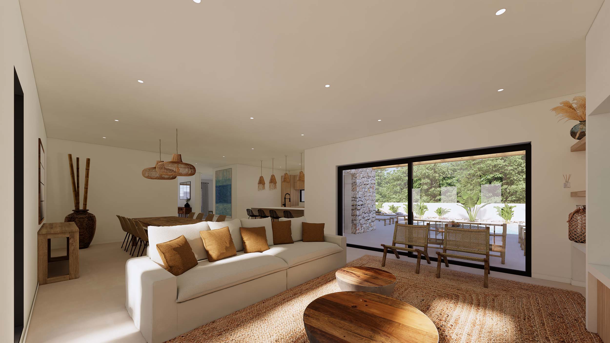 Helles, offenes Wohnzimmer mit erdfarbenen Möbeln, Juteteppich und großen Glasschiebetüren, die den Innenraum mit der Terrasse und dem Poolbereich verbinden.