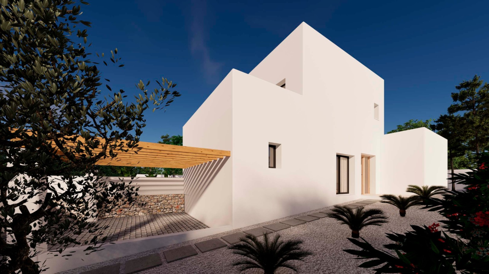 Minimalistische weiße Fassade mit Holzpergola, gepflastertem Parkbereich und pflegeleichtem Kiesgarten mit mediterraner Bepflanzung.