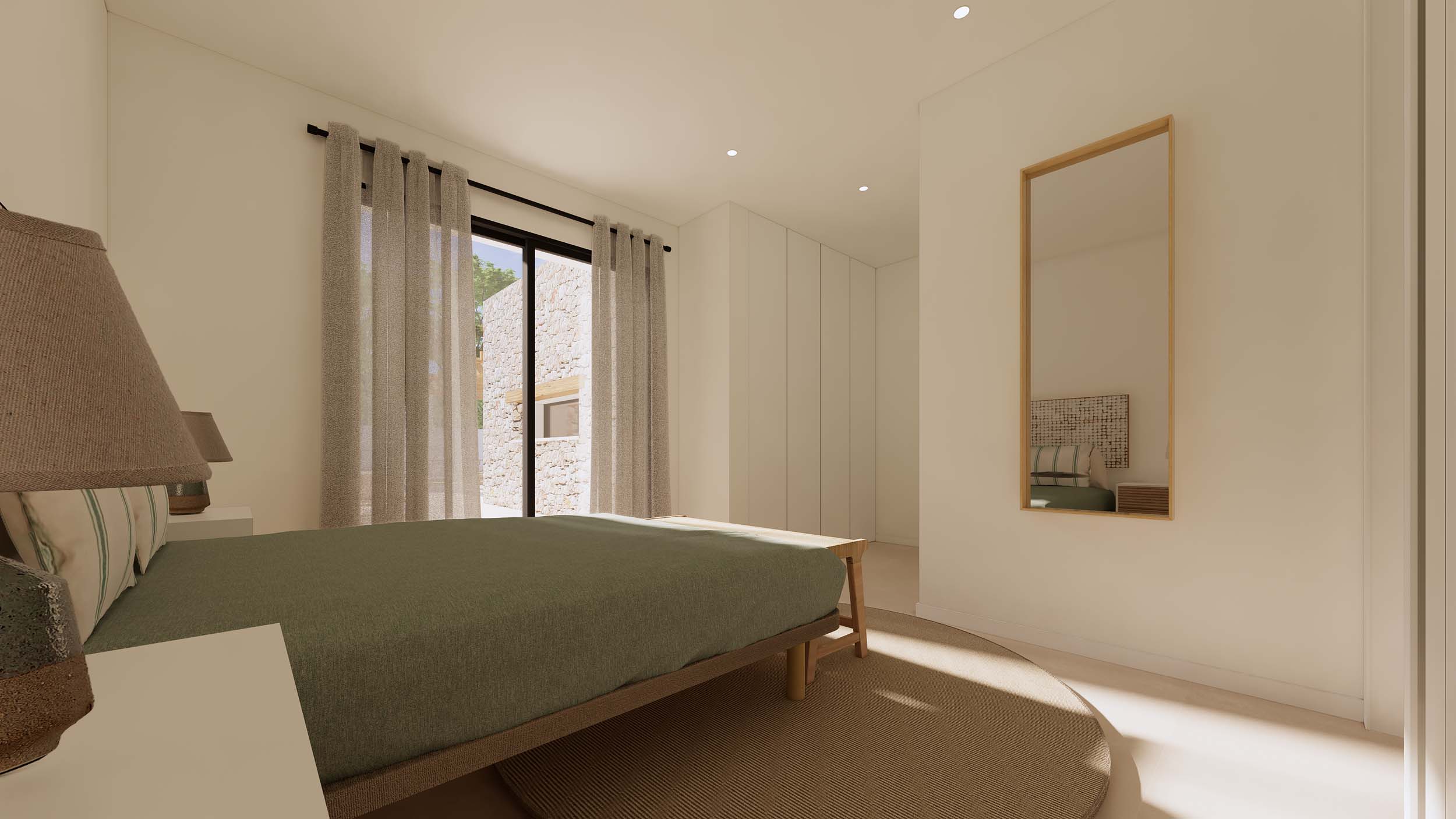 Minimalistisches Schlafzimmer mit Holzbettrahmen, rundem Jute-Teppich und weißen Einbauschränken. Glasschiebetüren führen zu einem Außenbereich mit Natursteinwänden.