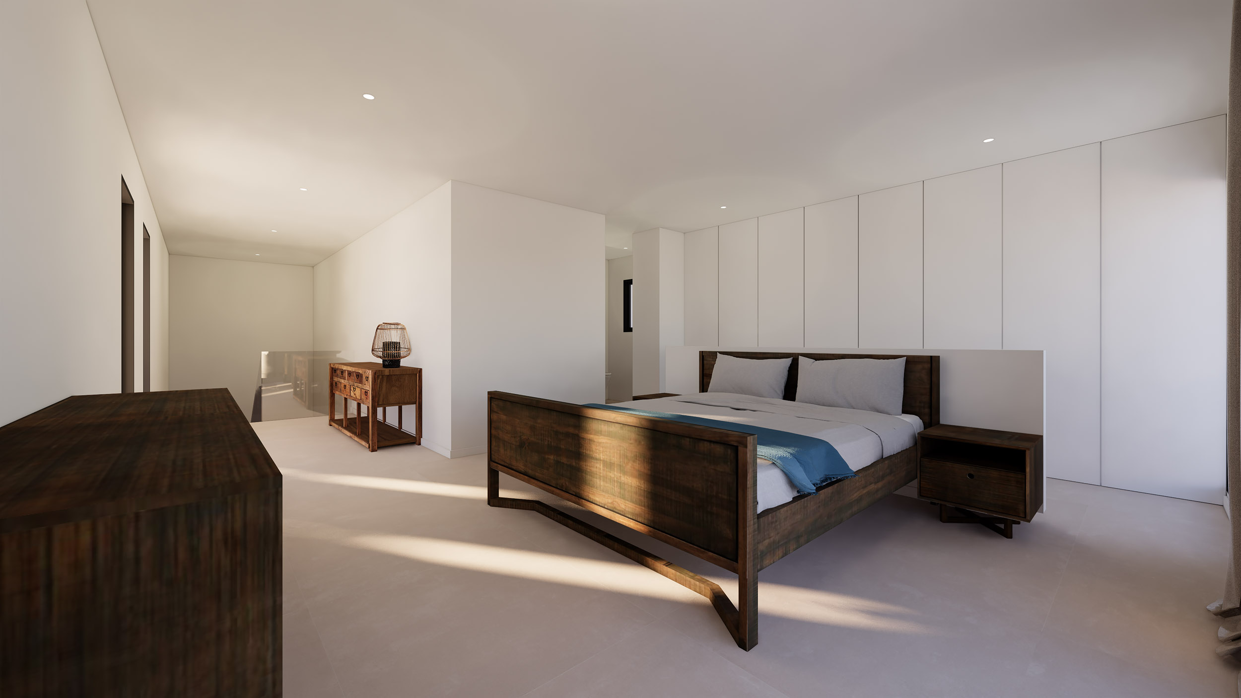 Schlafzimmer mit dunklem Holzbett, weißen Einbauschränken und Blick auf den Treppenaufgang mit Glasgeländer und dezenter Deckenbeleuchtung.